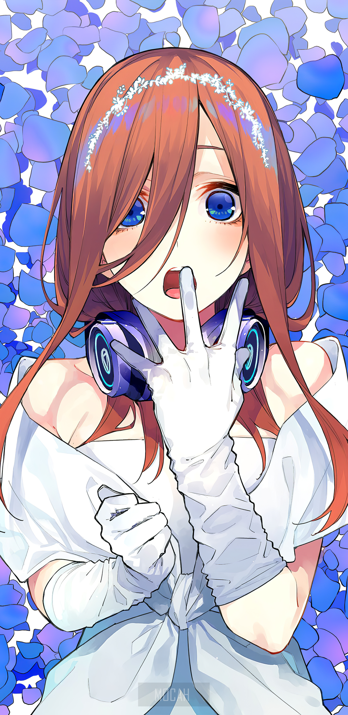 Miku Nakano from The Quintessential Quintuplets wearing headphones and a white dress HD Phone Wallpaper