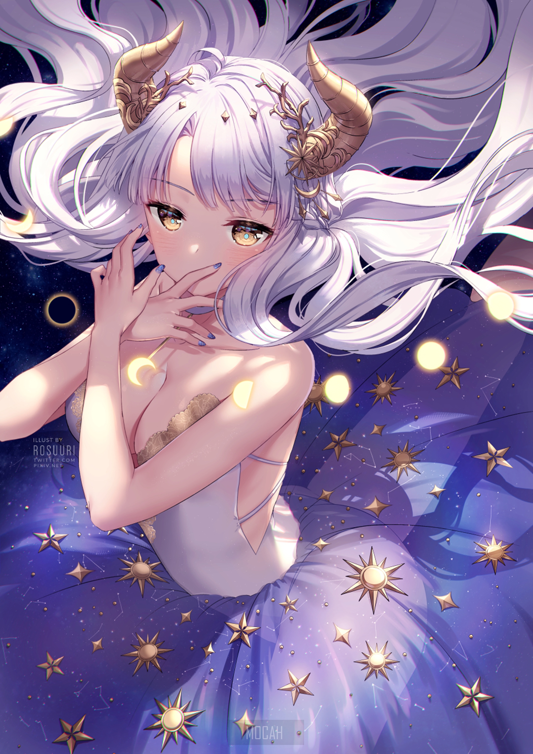 Anime girl with horns and starry dress HD Phone Wallpaper