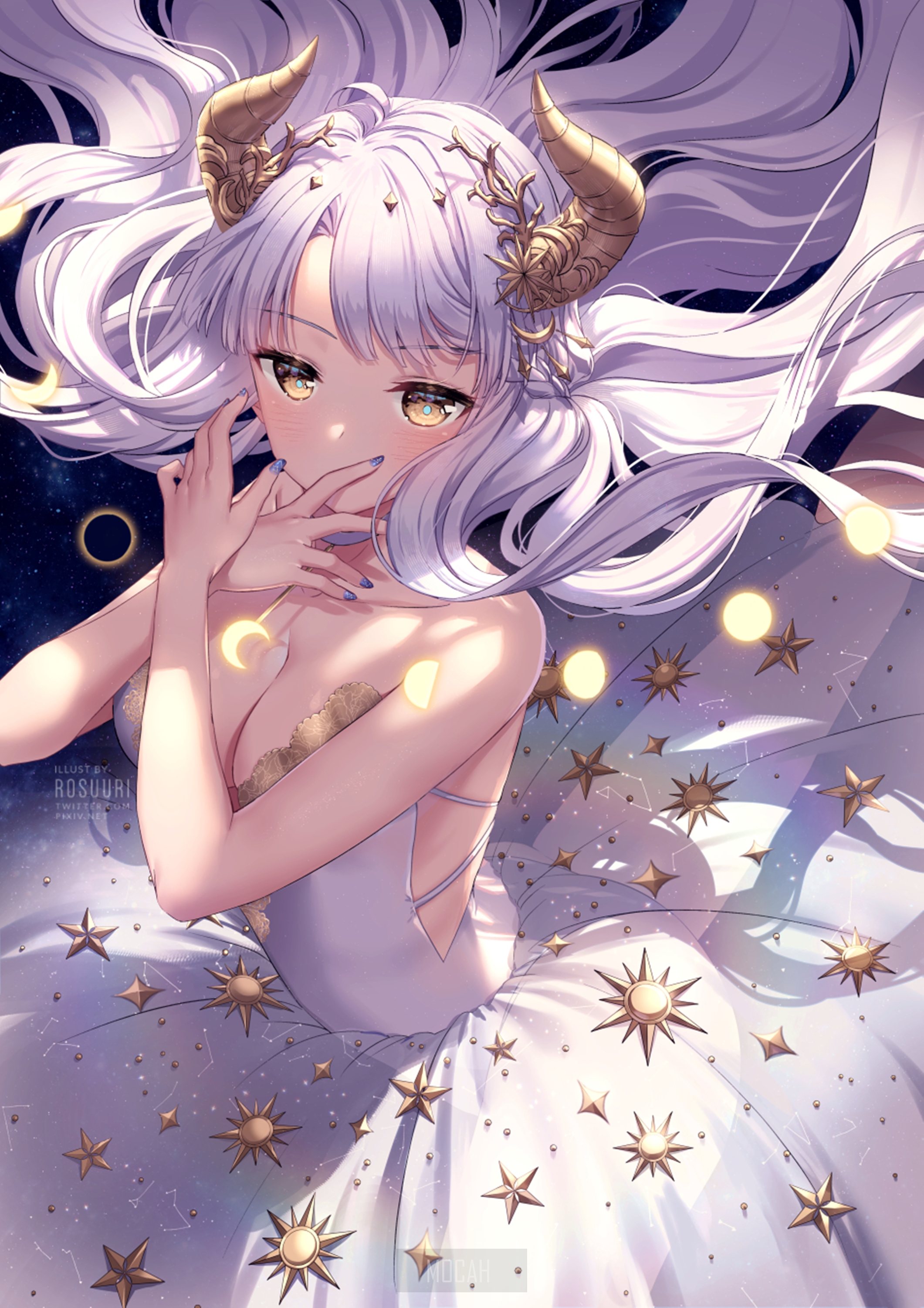 Anime girl with horns and starry dress HD Phone Wallpaper