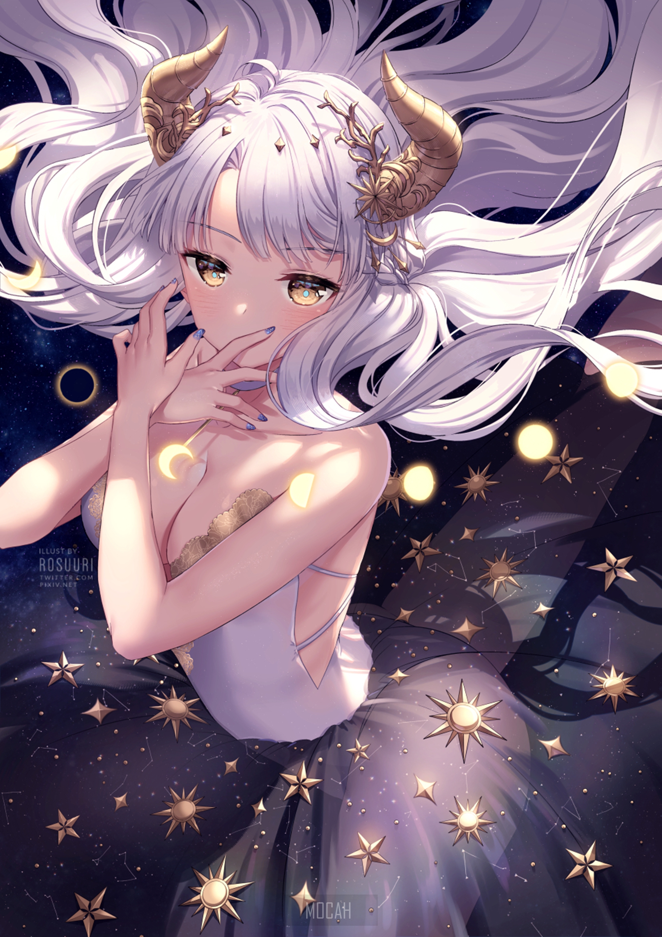 Anime girl with horns and starry dress HD Phone Wallpaper