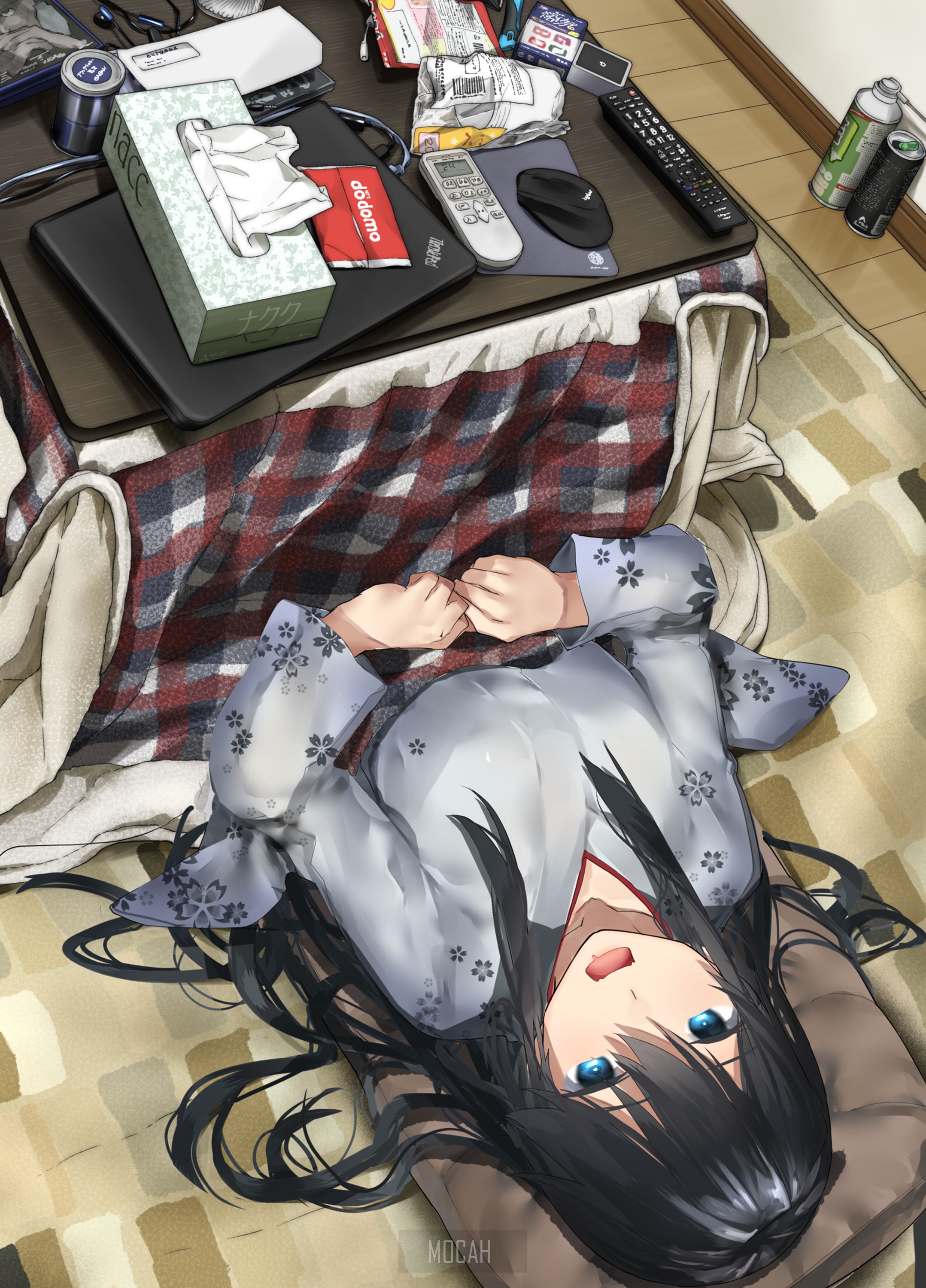 Anime girl lying down in a kotatsu HD Phone Wallpaper