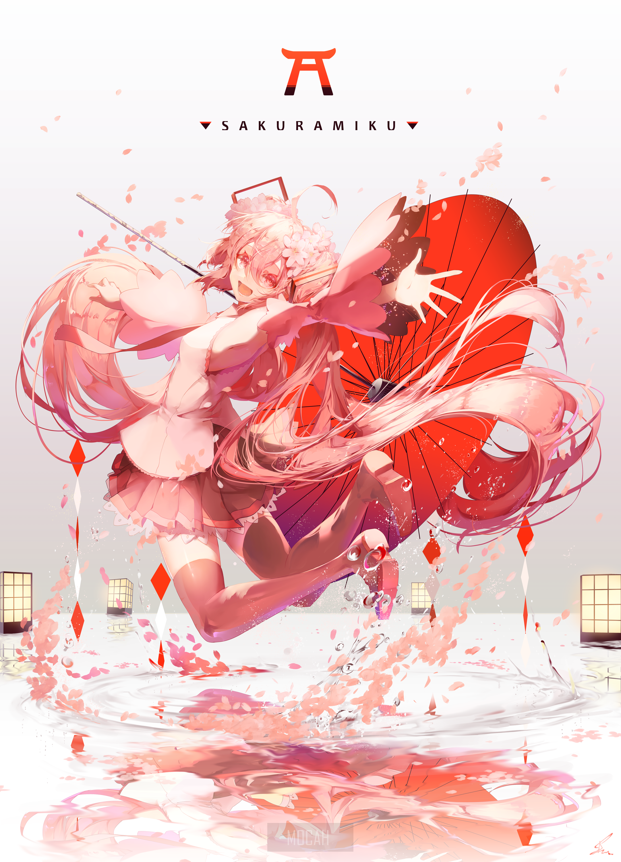 Sakura Miku with Japanese Umbrella and Cherry Blossoms HD Phone Wallpaper