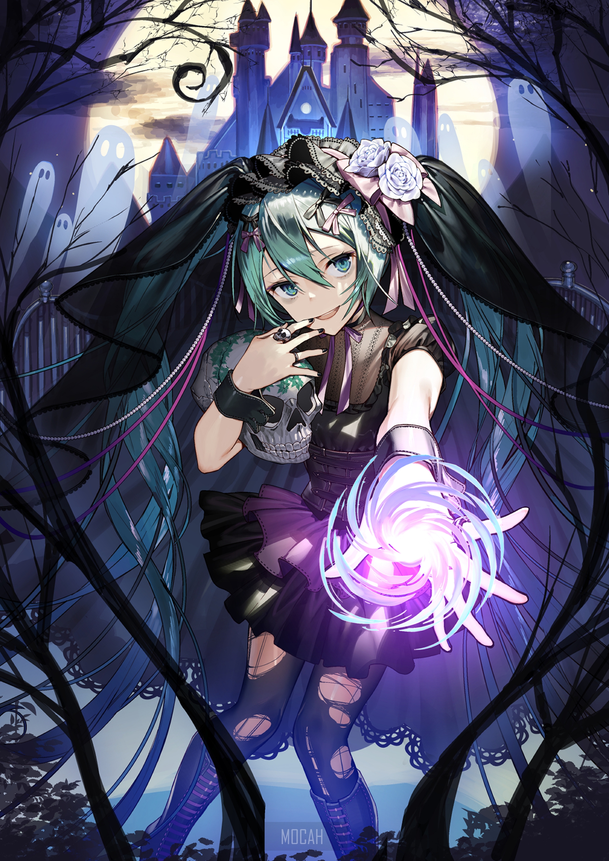 Anime girl with skull and magic in front of castle HD Phone Wallpaper