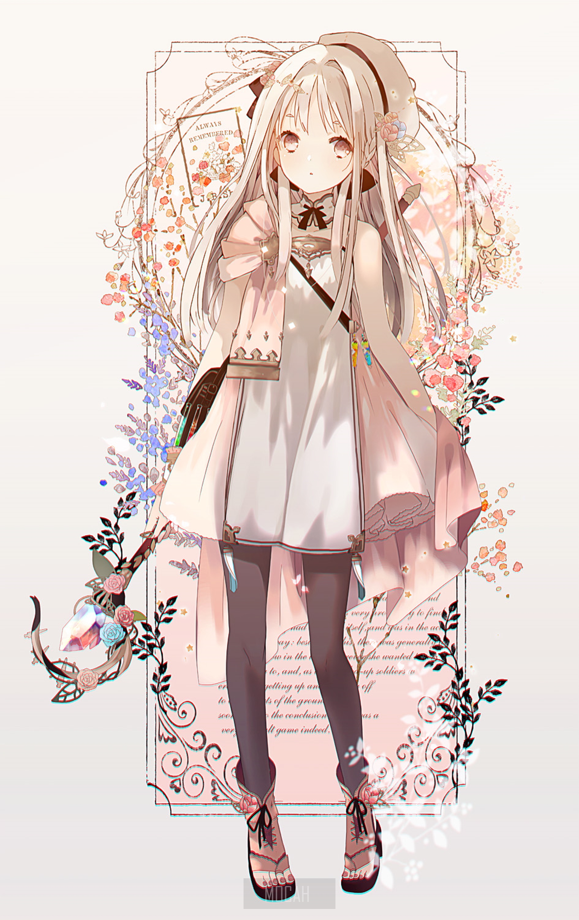 Anime girl with staff and flowers HD Phone Wallpaper