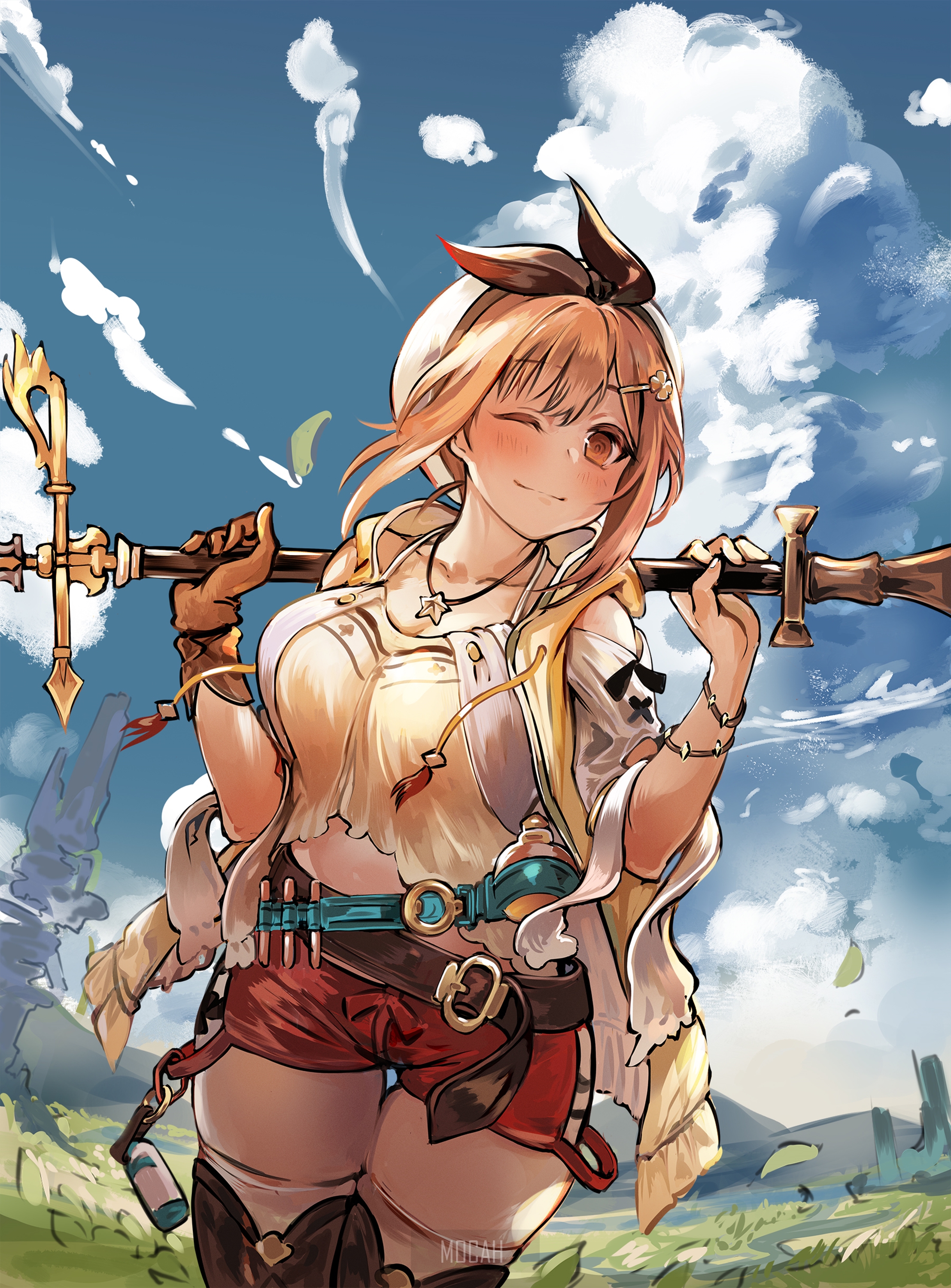 Anime girl with a staff and a wink HD Phone Wallpaper