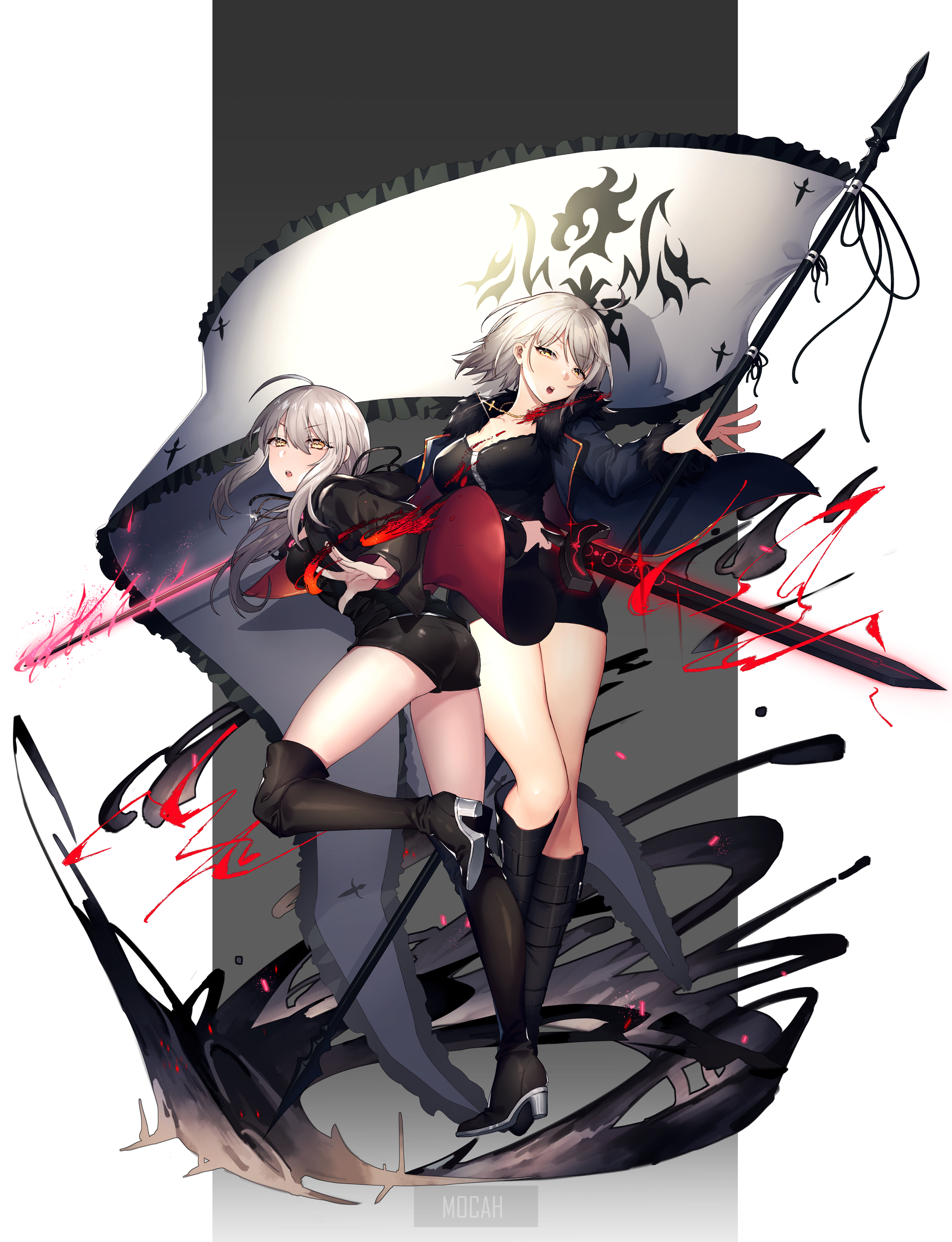 Two anime girls with swords and a banner HD Phone Wallpaper
