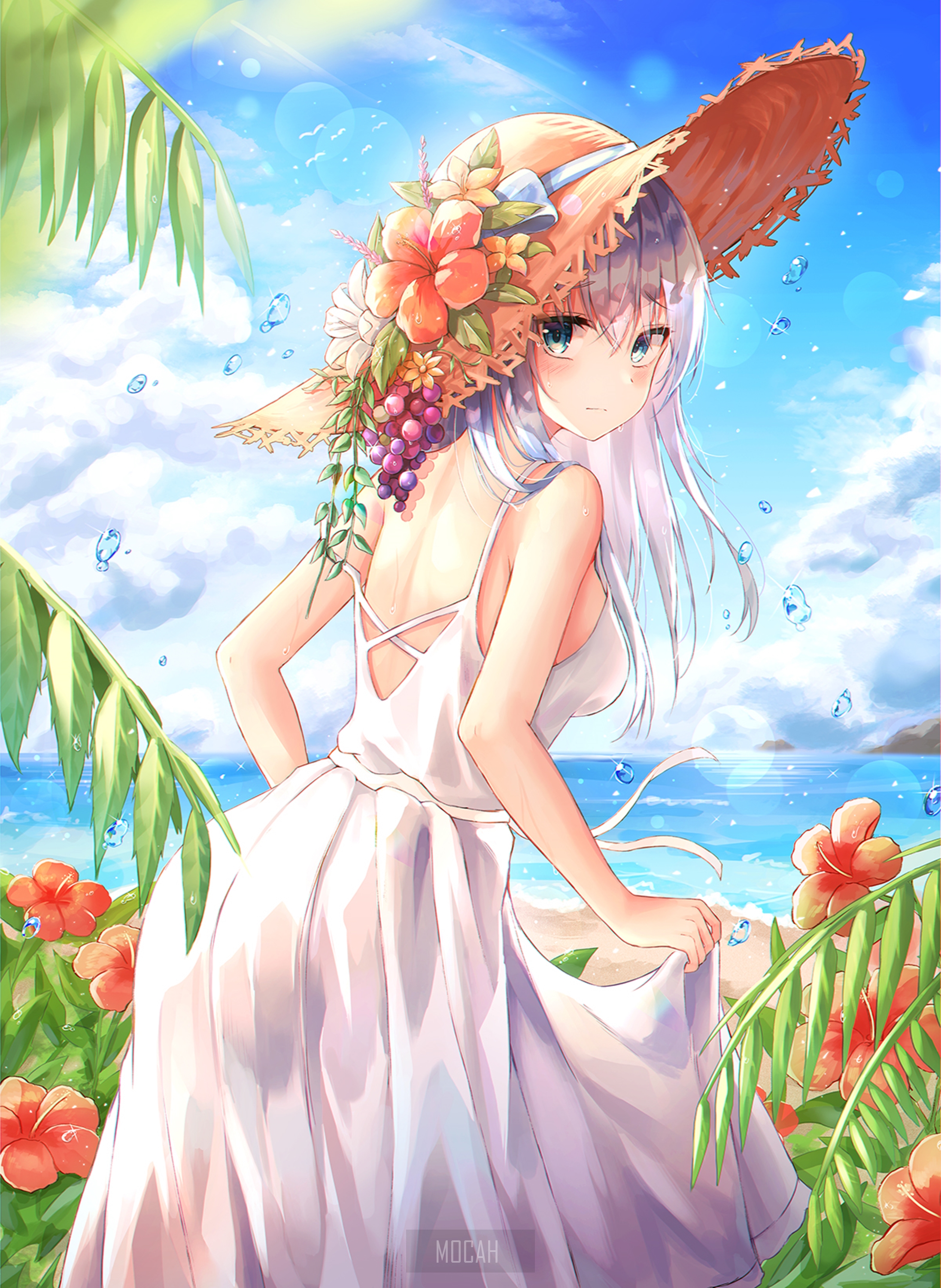 Anime girl in a white dress and straw hat on a beach HD Phone Wallpaper