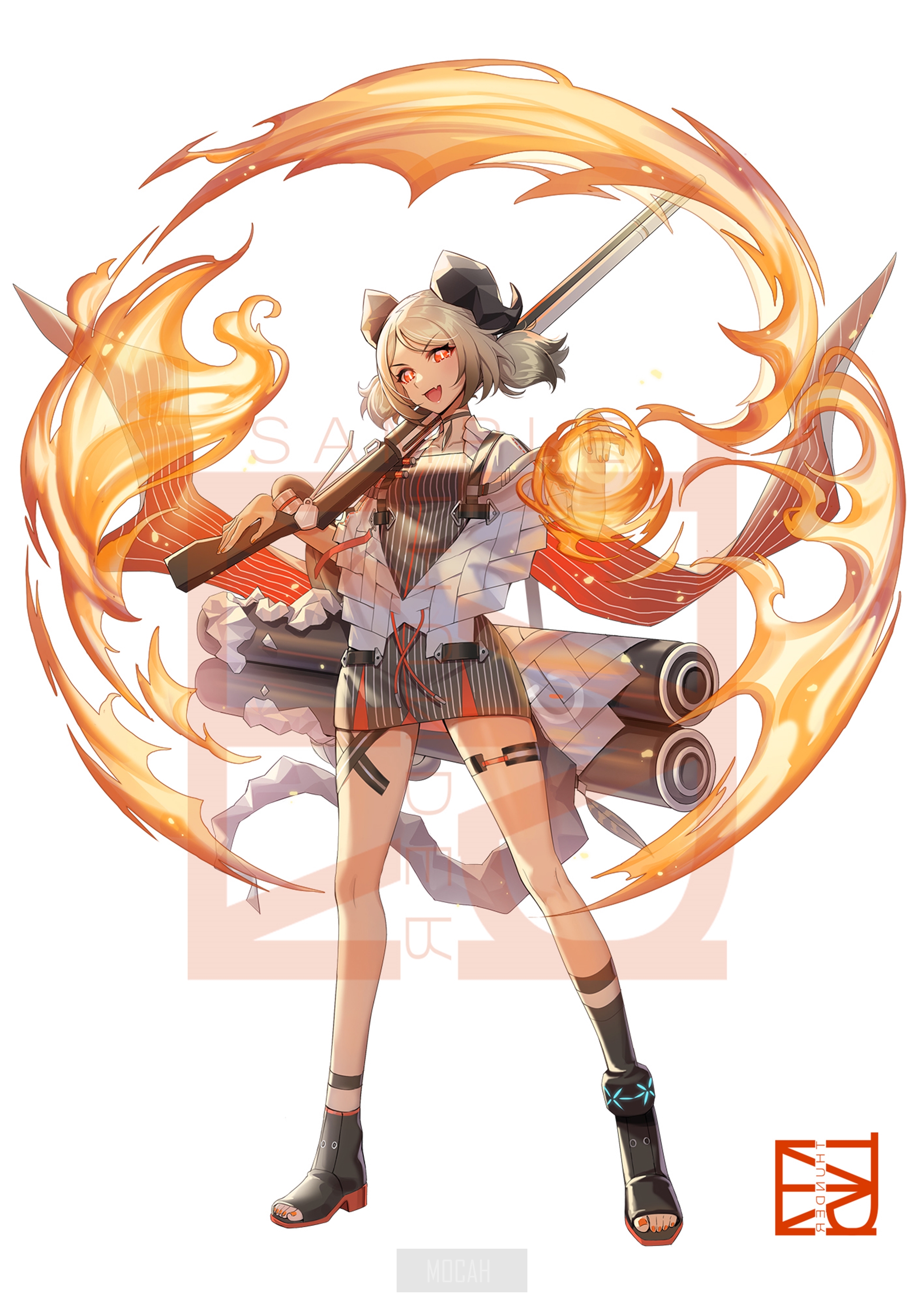 Anime girl with rifle and fire effects HD Phone Wallpaper