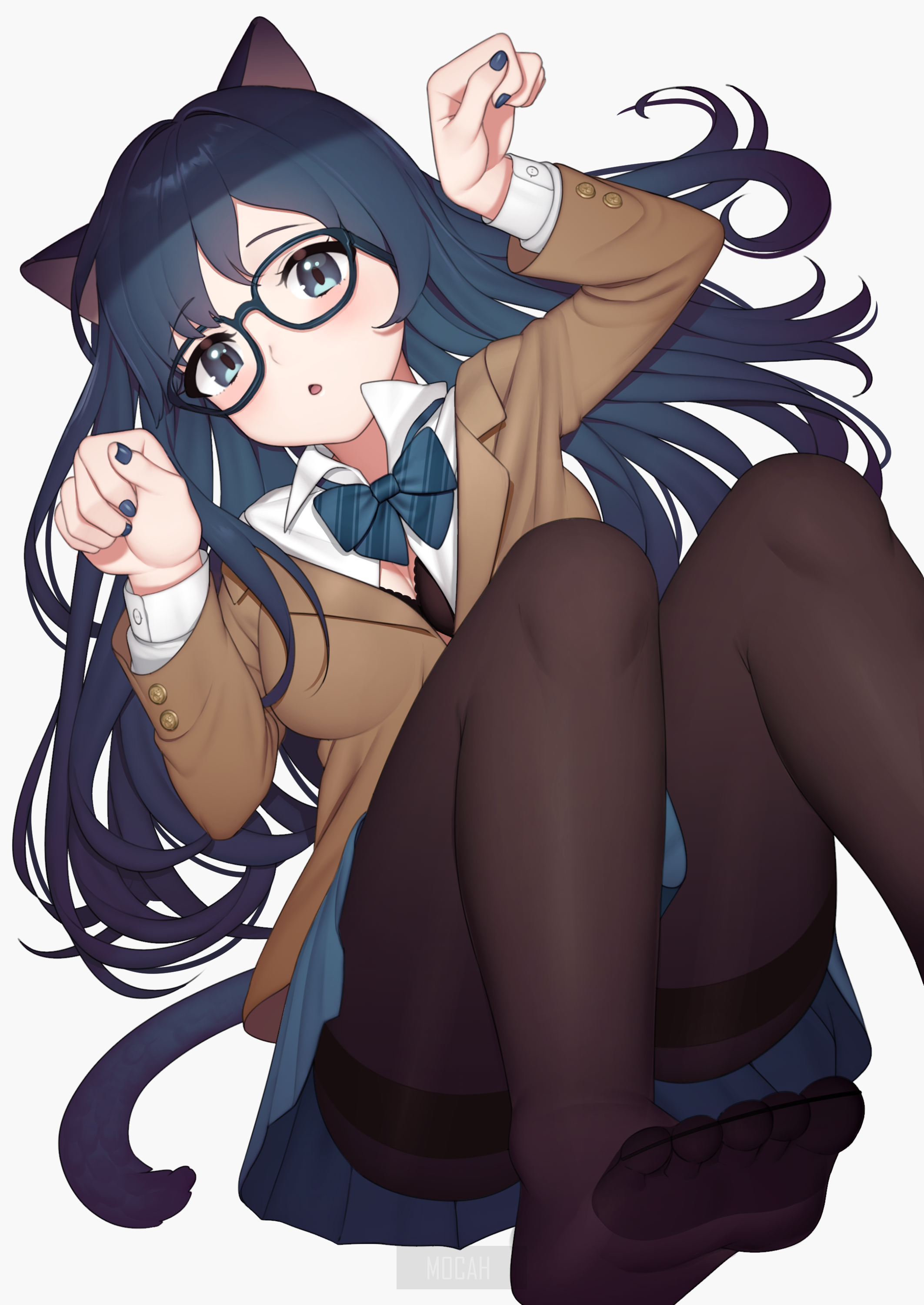 Anime girl with cat ears and glasses HD Phone Wallpaper