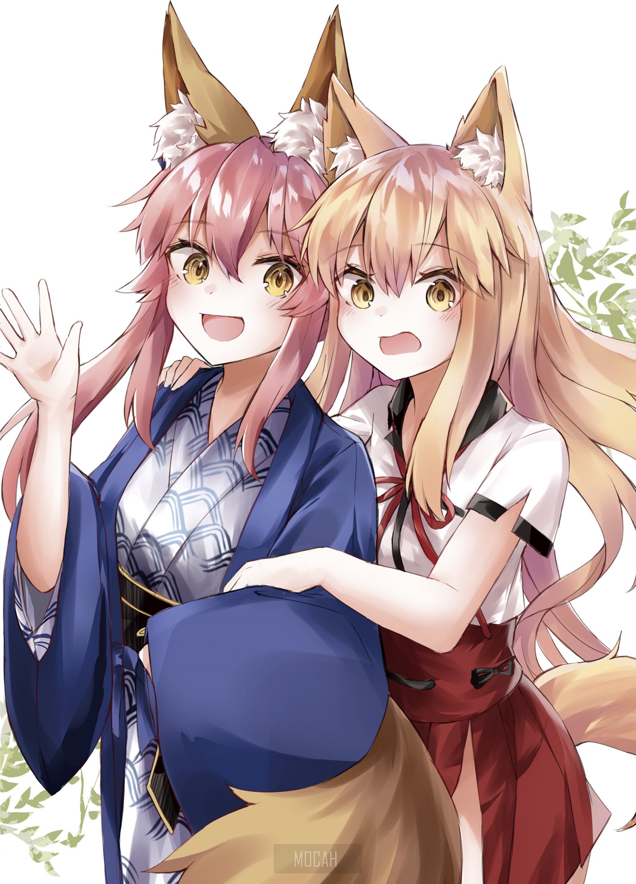 Two anime girls with fox ears and tails HD Phone Wallpaper