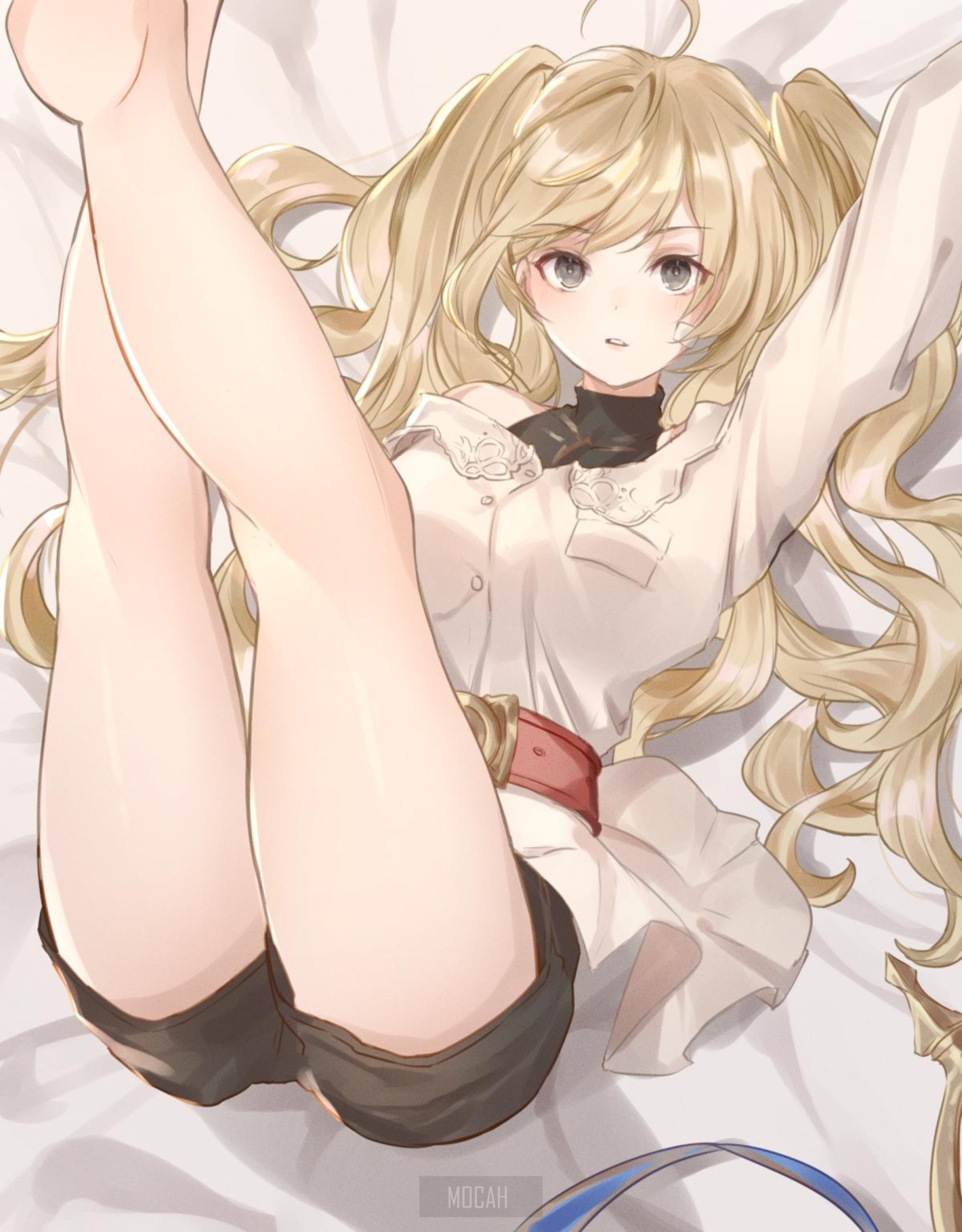 Anime girl with blonde pigtails lying down HD Phone Wallpaper