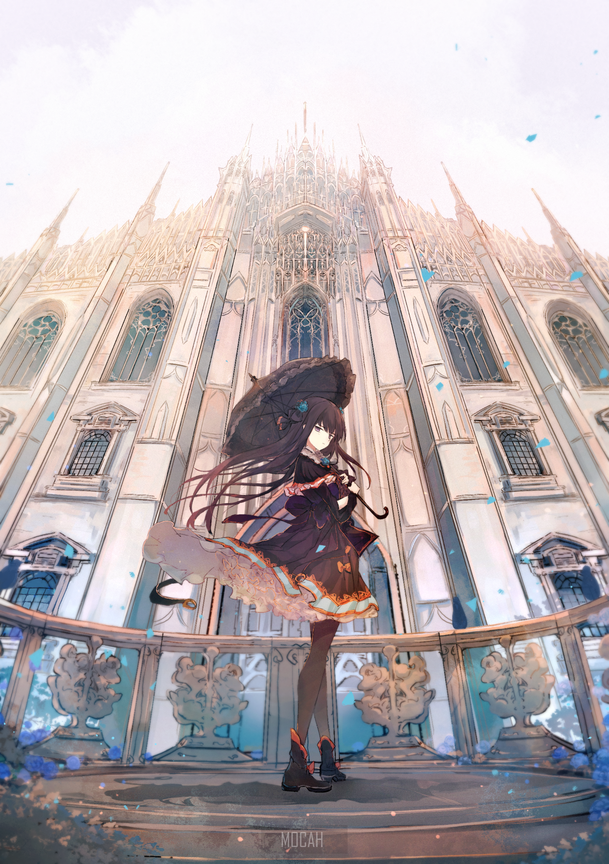 Anime girl with umbrella in front of cathedral HD Phone Wallpaper