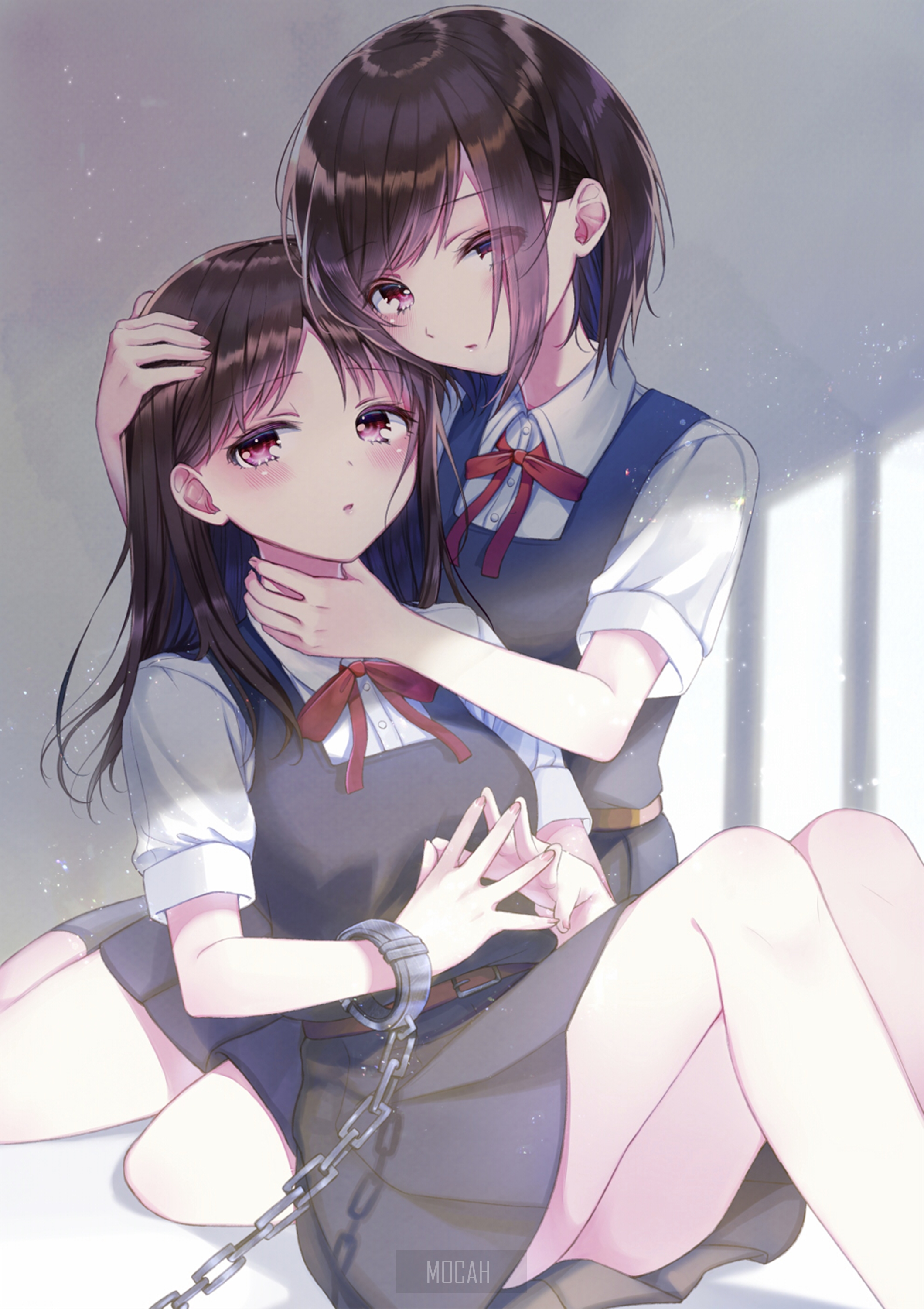 Tender Moment Between Two Anime Girls in Uniform HD Phone Wallpaper