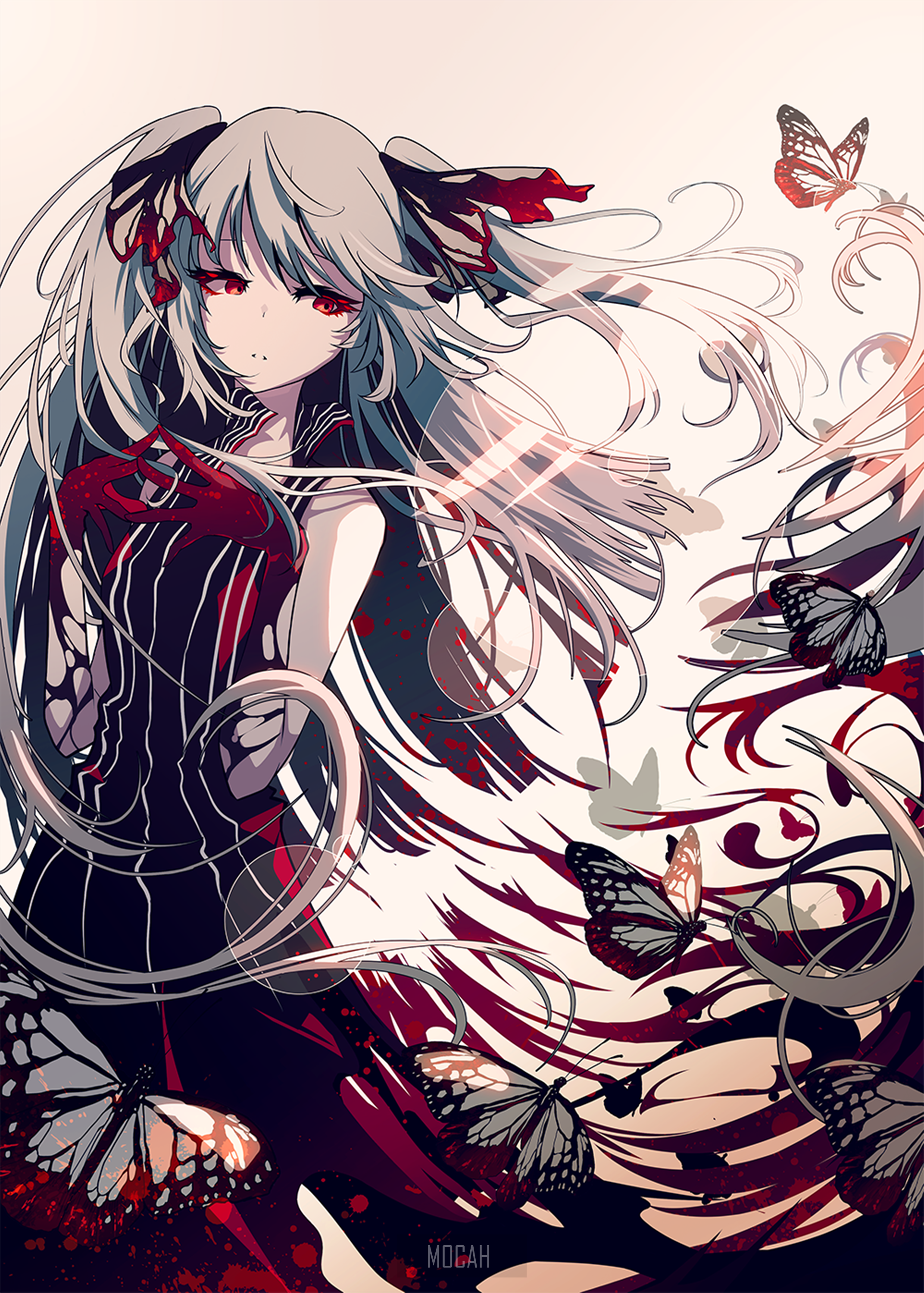 Anime girl with white hair and red eyes surrounded by butterflies HD Phone Wallpaper