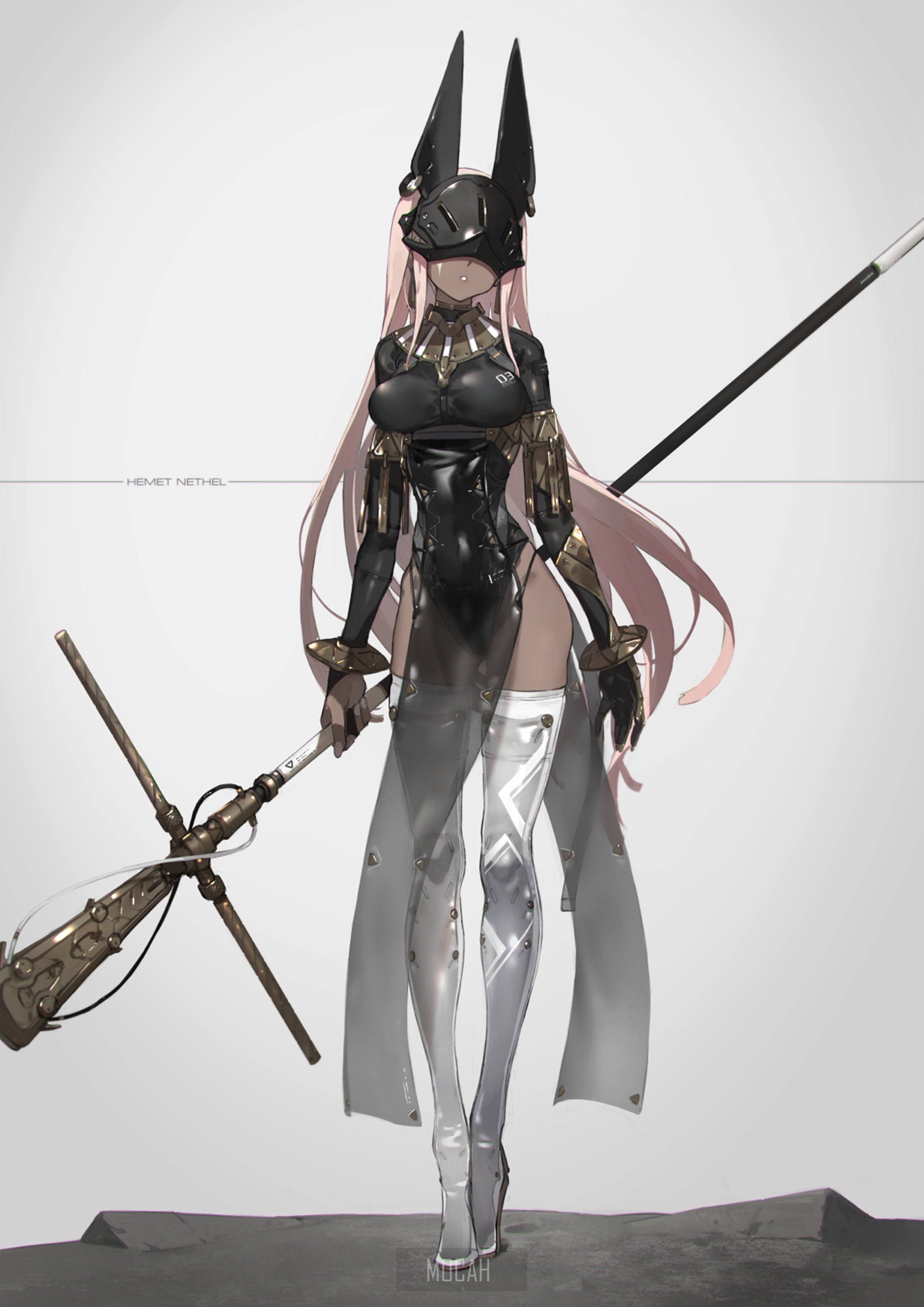Futuristic Anime Girl with Spear and Long Ears HD Phone Wallpaper