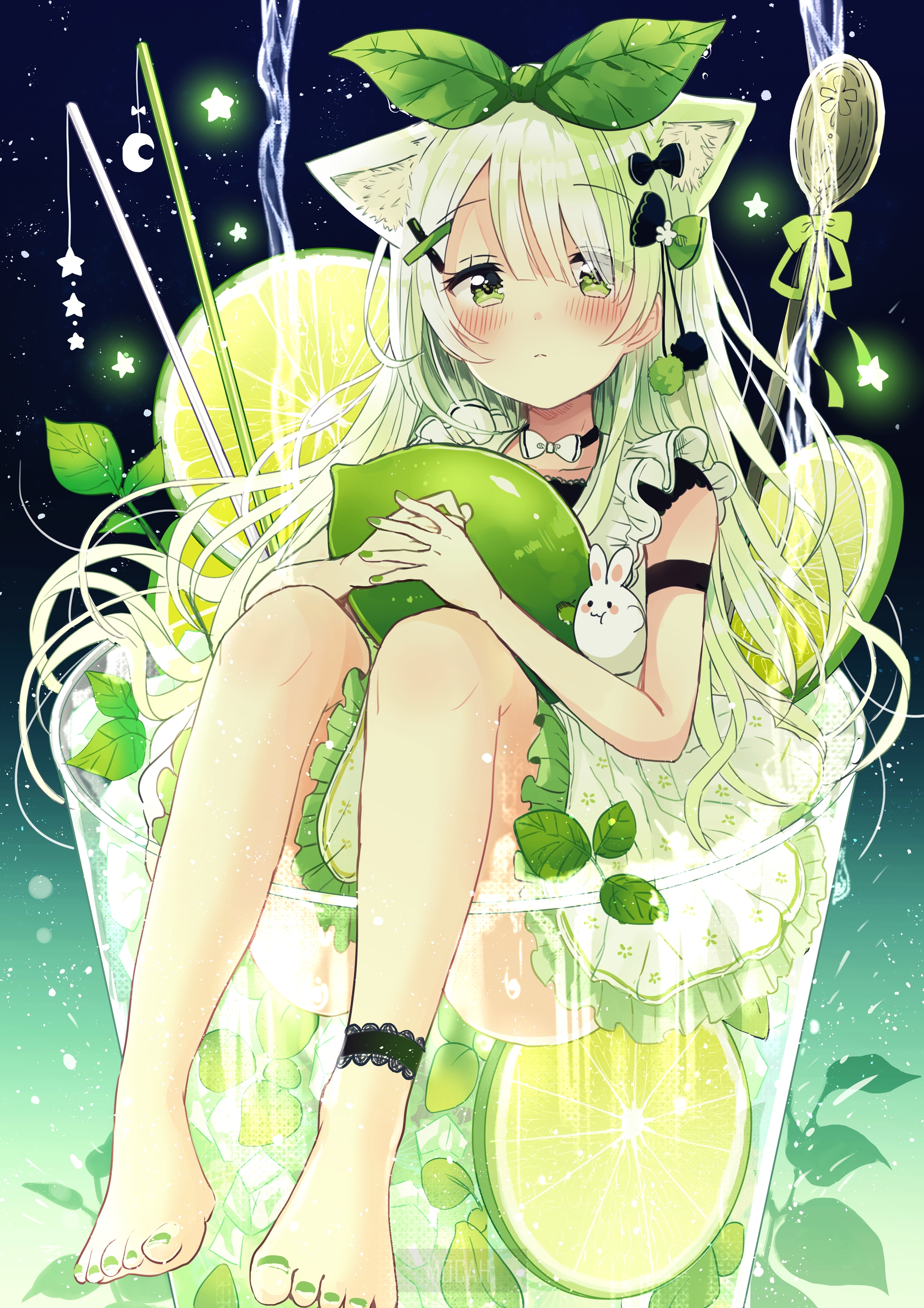 Anime girl with cat ears in a glass of lime drink HD Phone Wallpaper