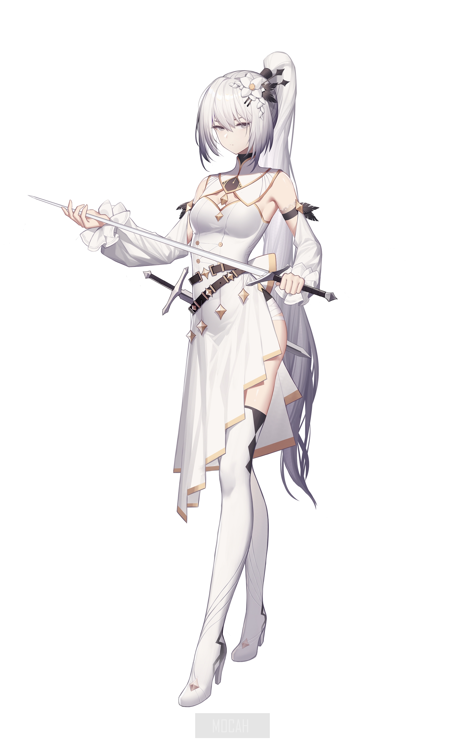 Anime girl with white hair and swords HD Phone Wallpaper