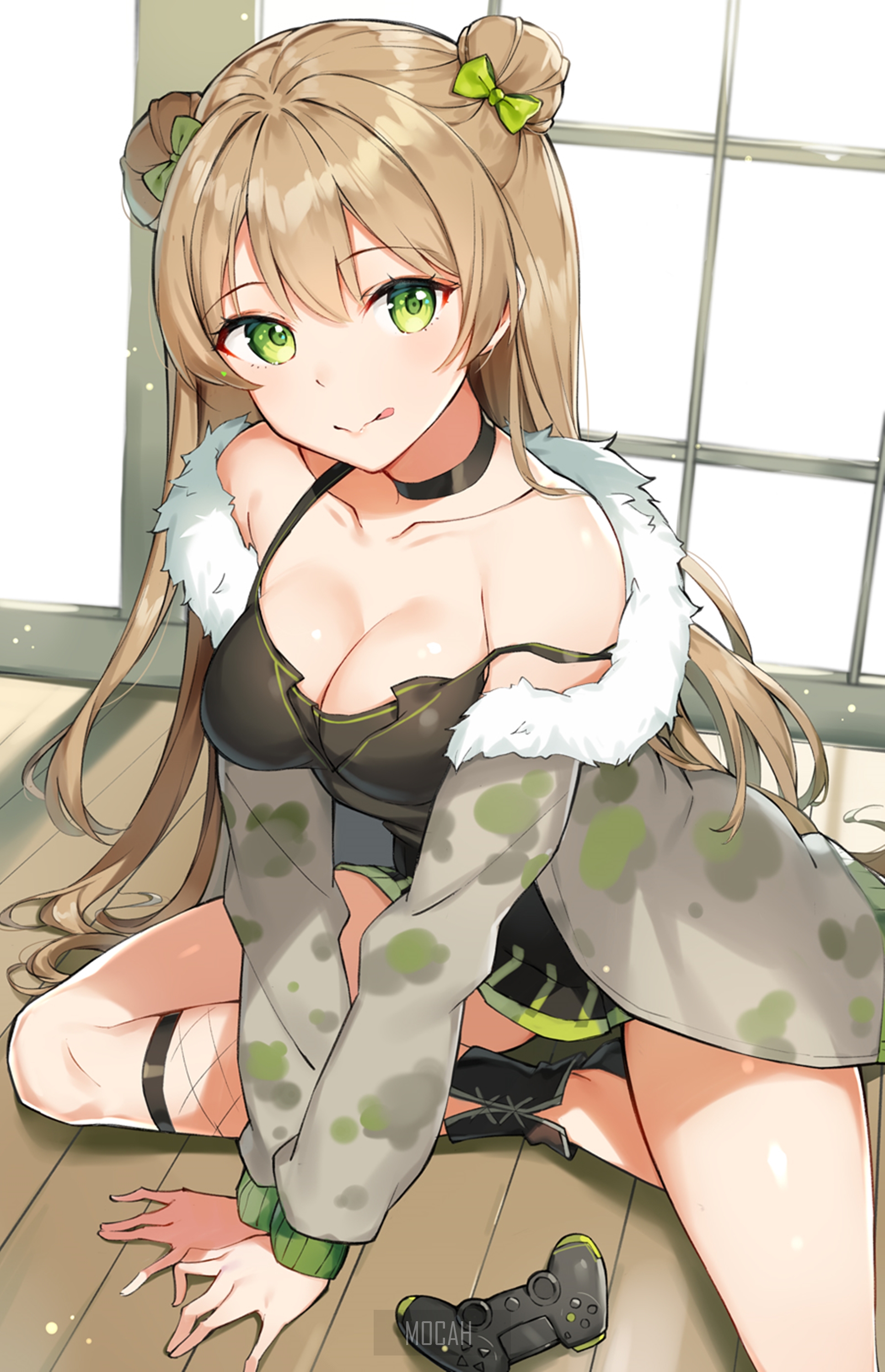 Anime girl with green eyes and blonde hair HD Phone Wallpaper
