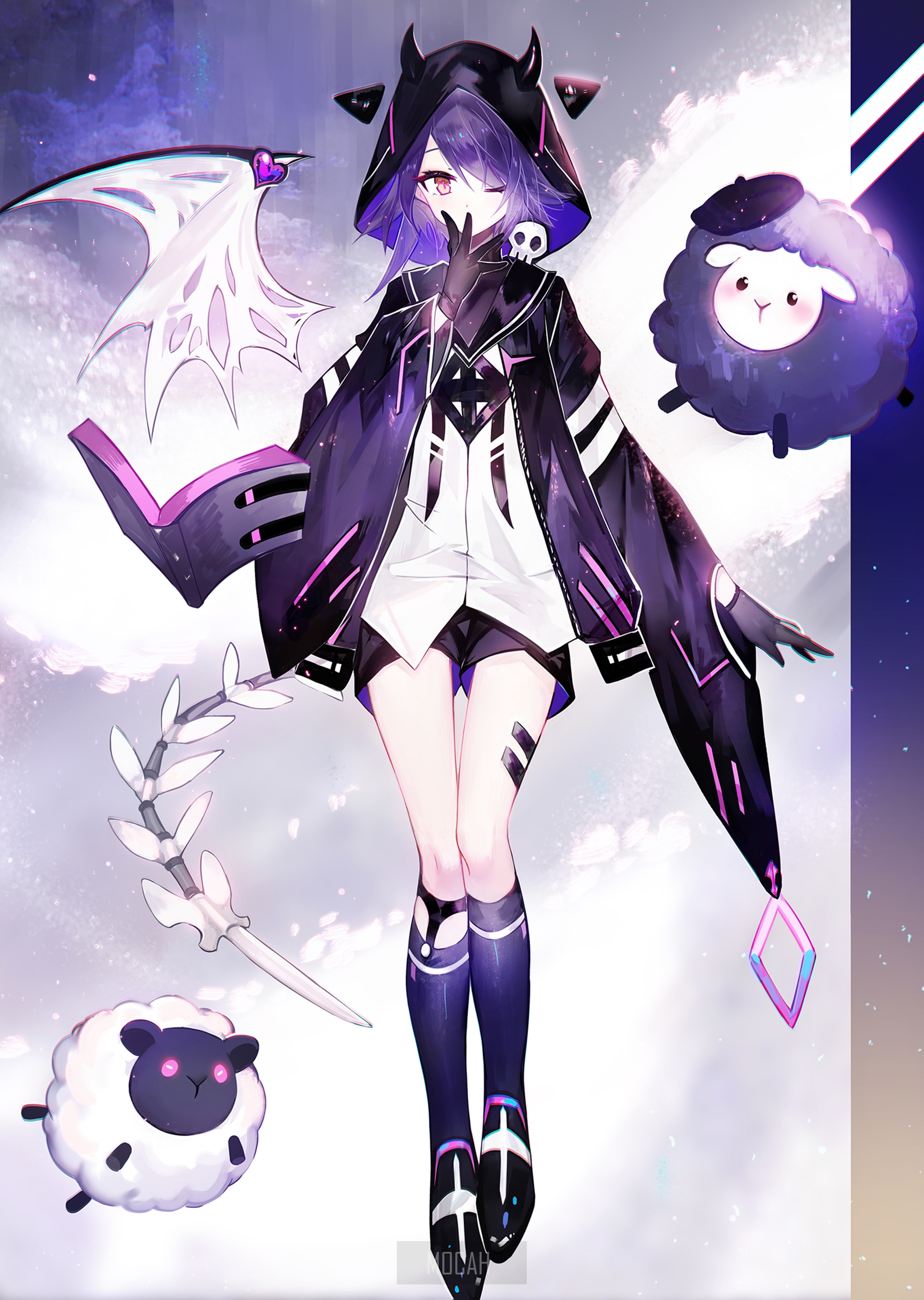 Anime girl with scythe and sheep companions HD Phone Wallpaper