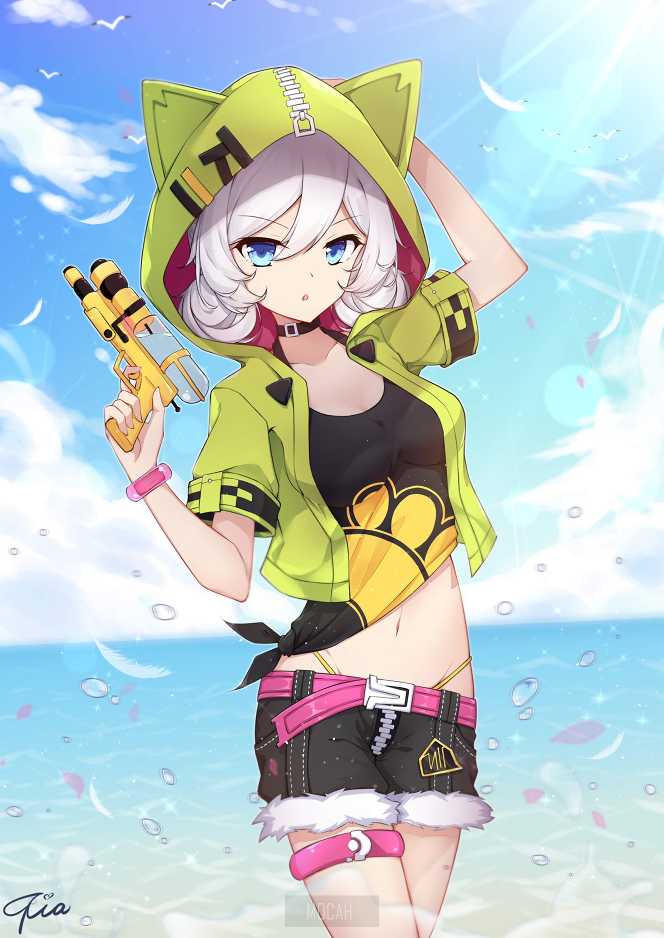 Anime girl with water gun at the beach HD Phone Wallpaper