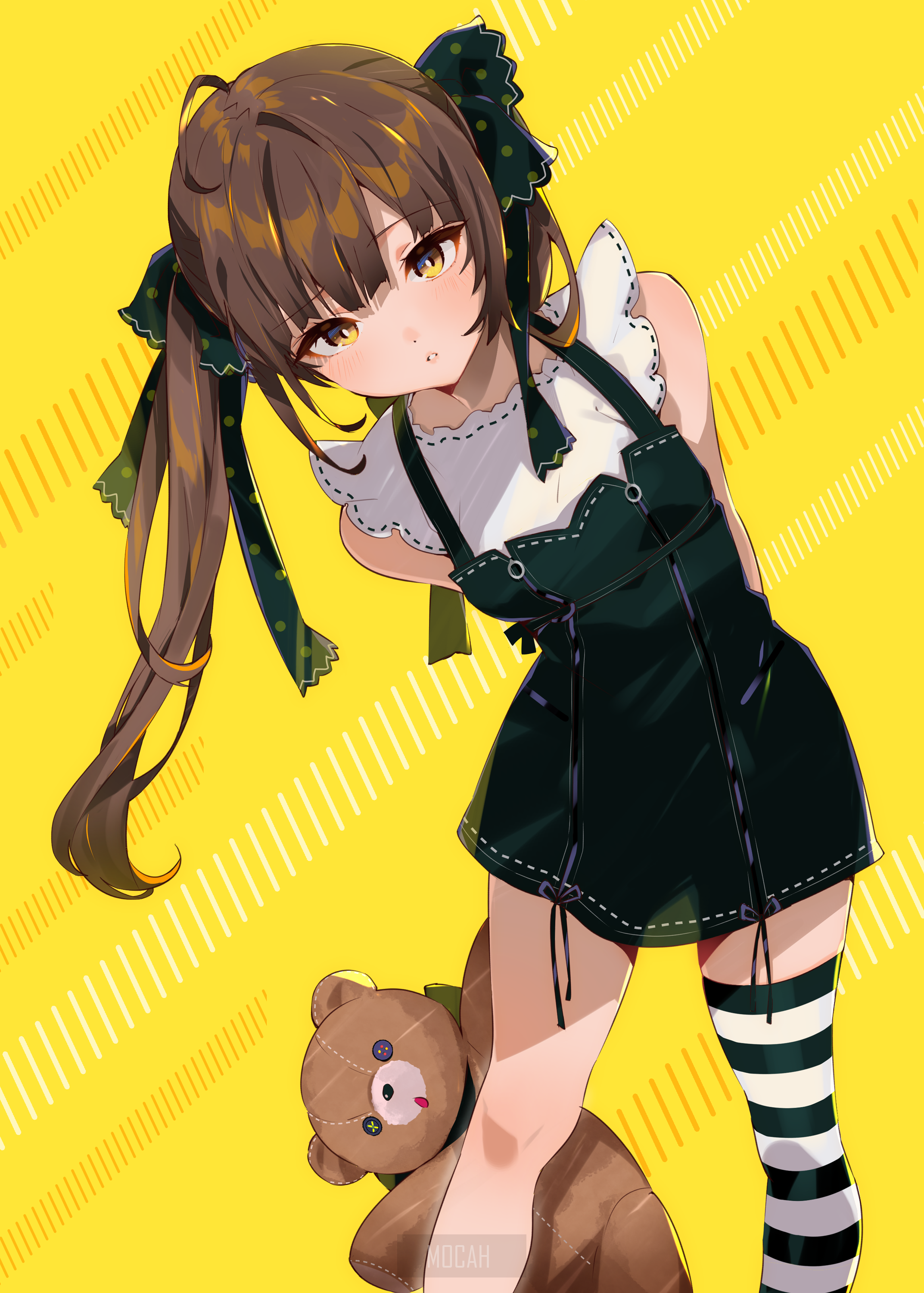 Anime girl with brown pigtails holding a teddy bear HD Phone Wallpaper