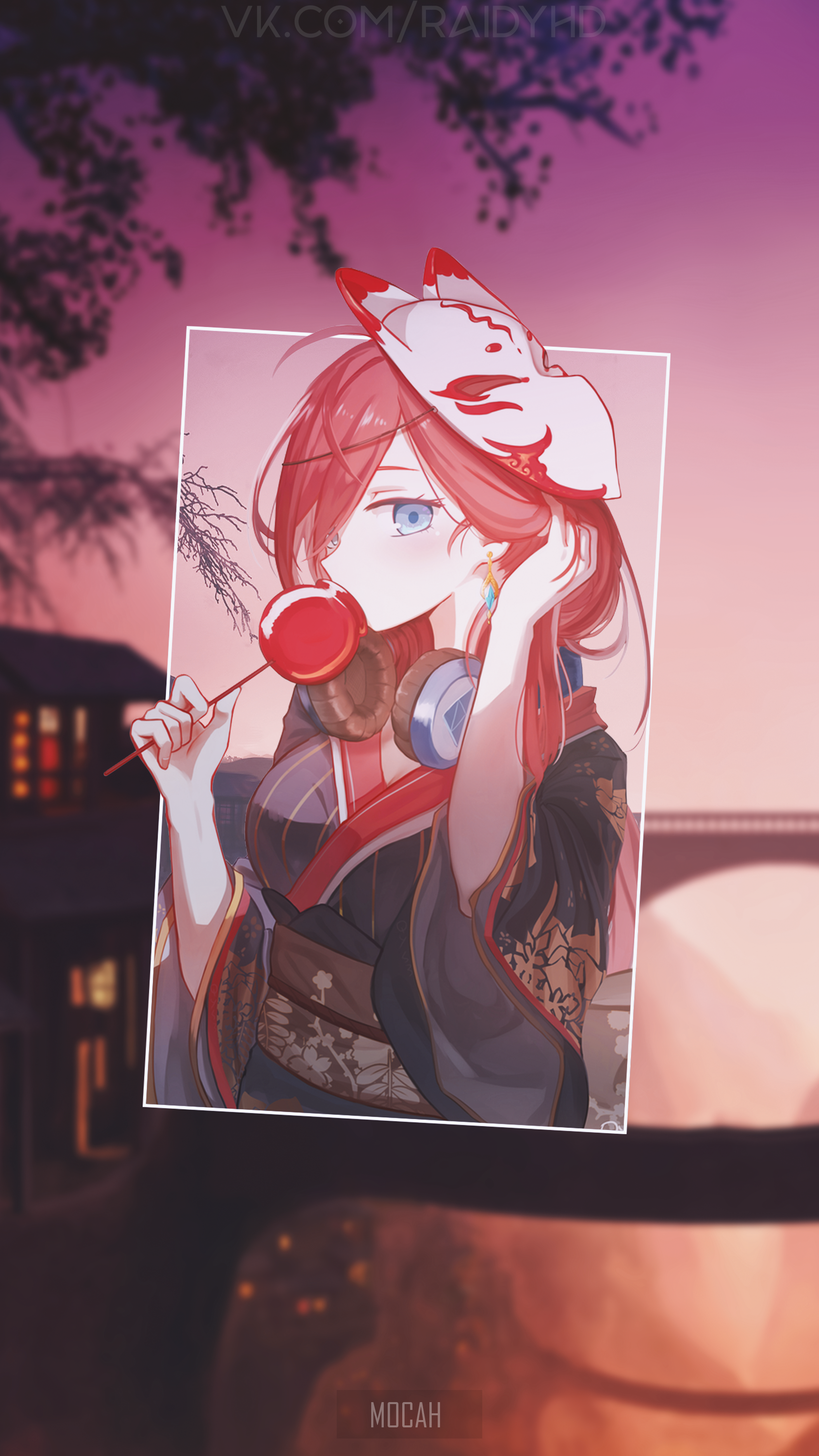 Anime girl with fox mask and lollipop HD Phone Wallpaper