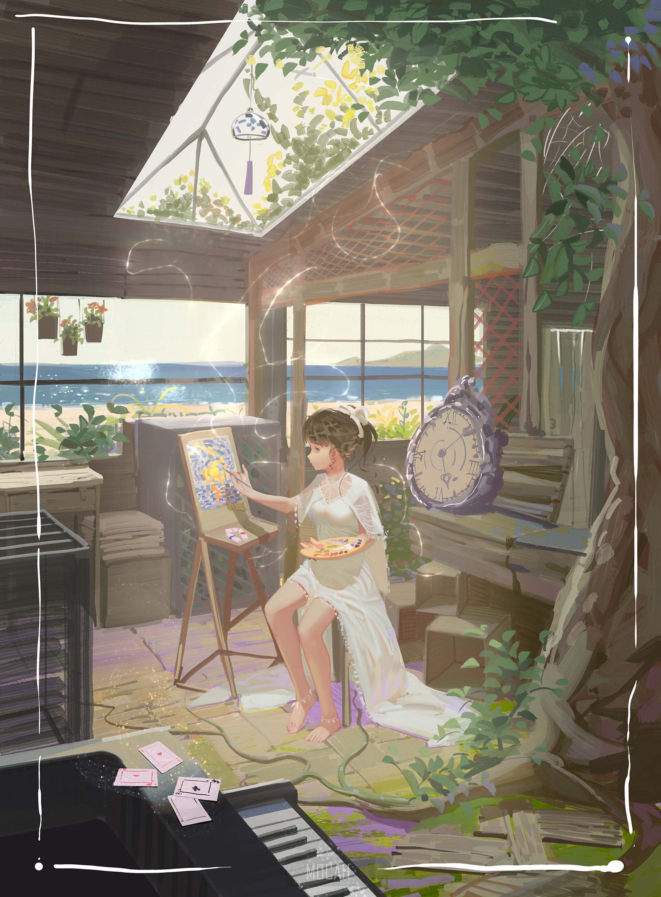 Anime girl painting by the sea with a piano HD Phone Wallpaper