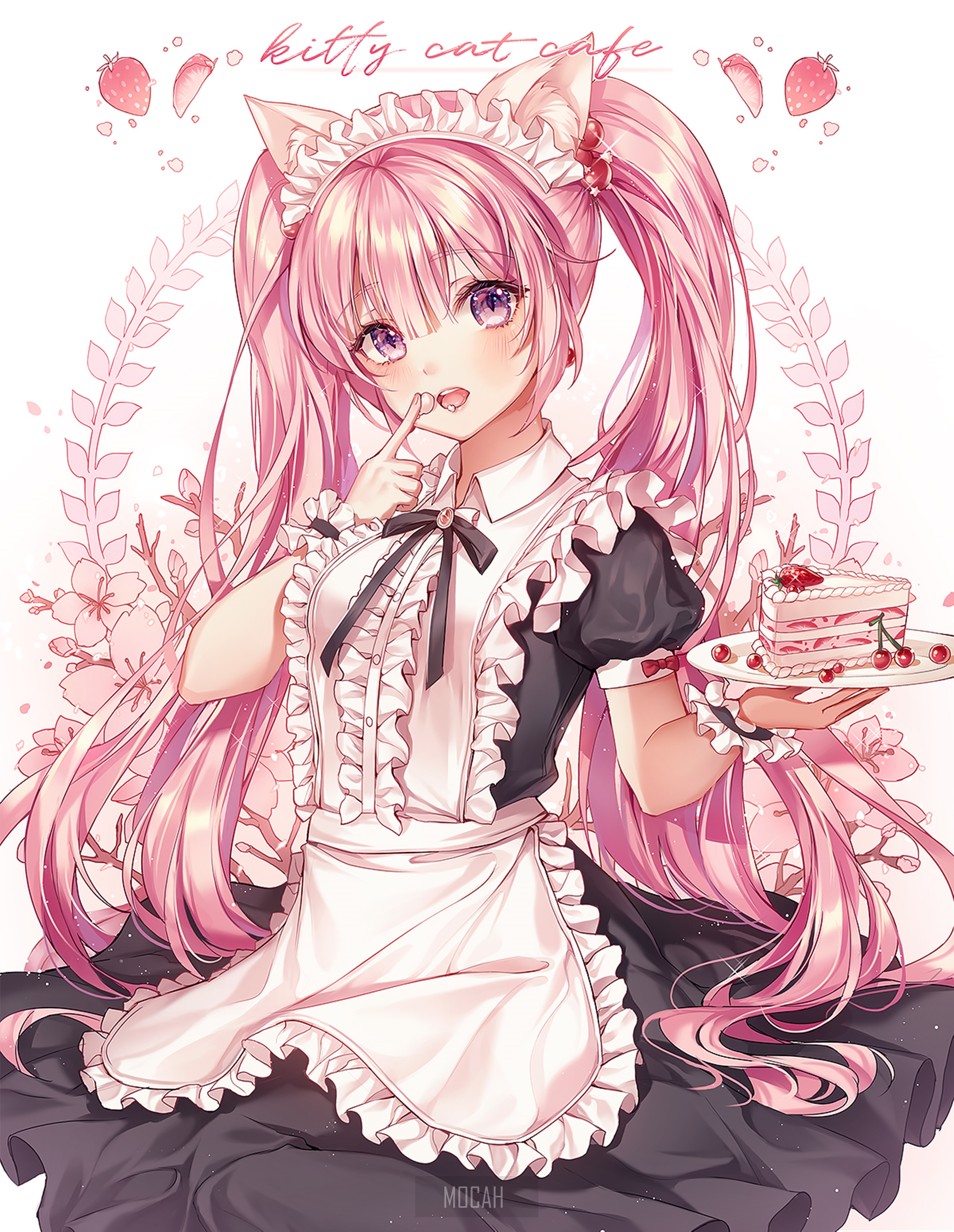 Anime girl in maid outfit holding cake HD Phone Wallpaper