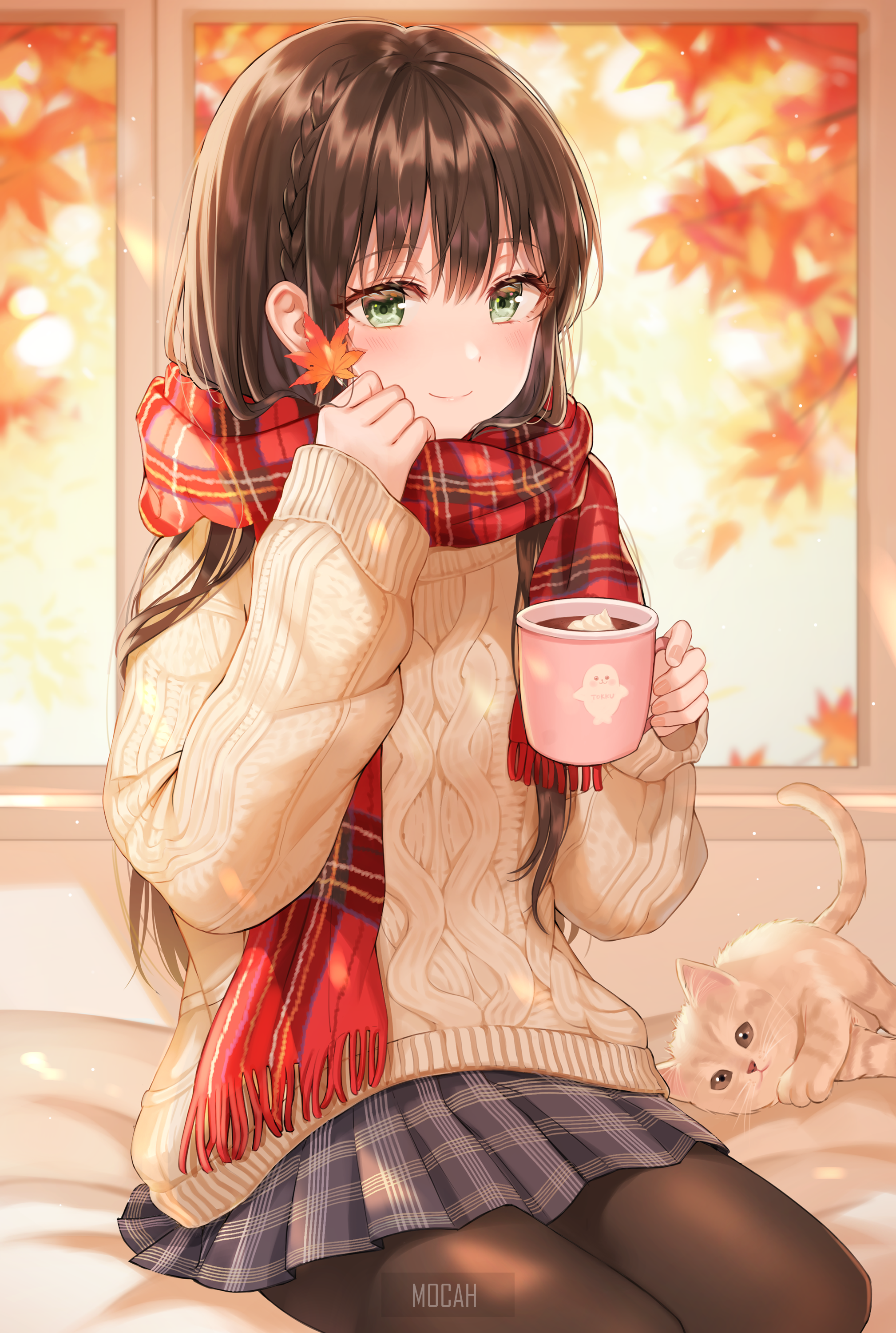 Anime girl with scarf and hot chocolate with cat HD Phone Wallpaper