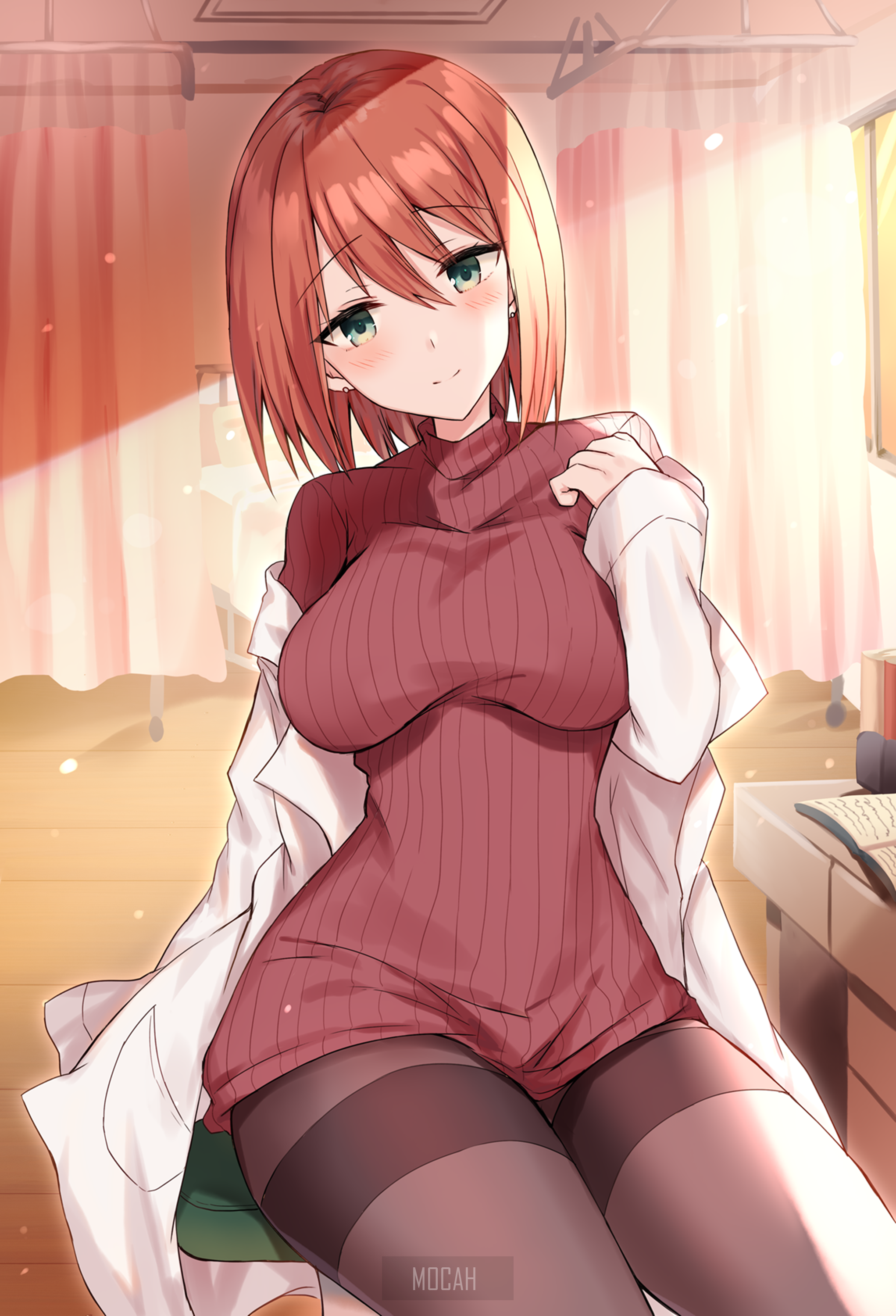 Anime girl in a red dress and lab coat HD Phone Wallpaper
