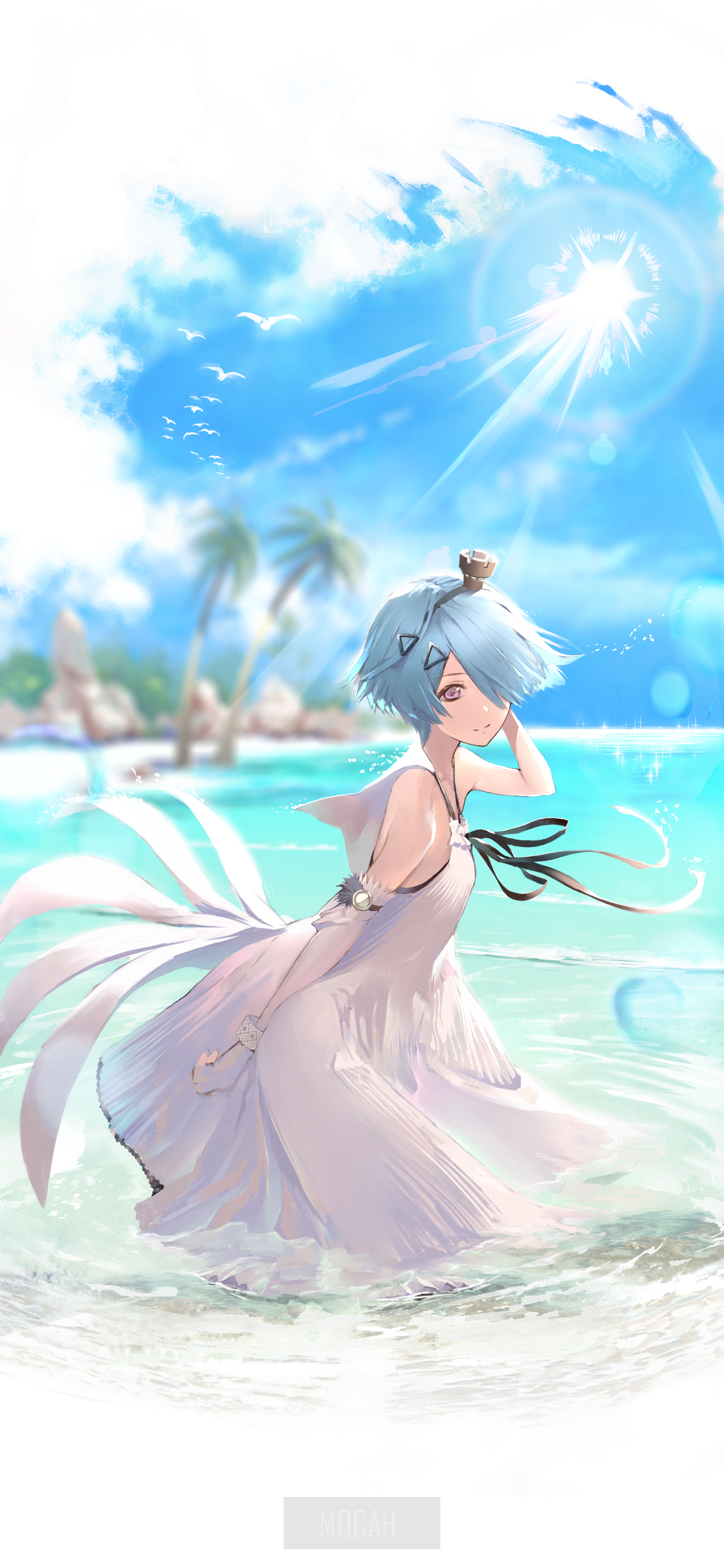 Anime girl in white dress on a beach HD Phone Wallpaper
