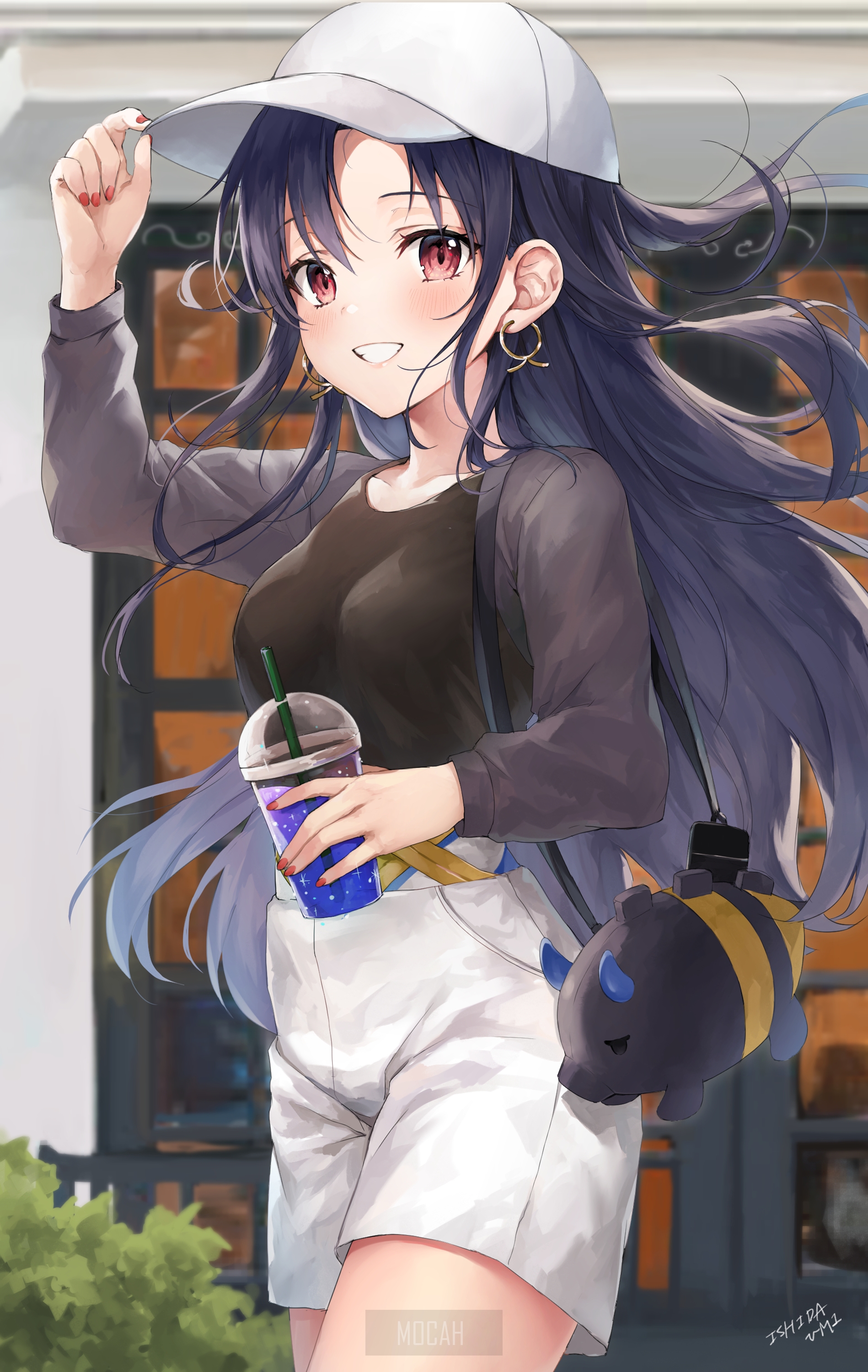 Anime girl with a drink and a bag HD Phone Wallpaper