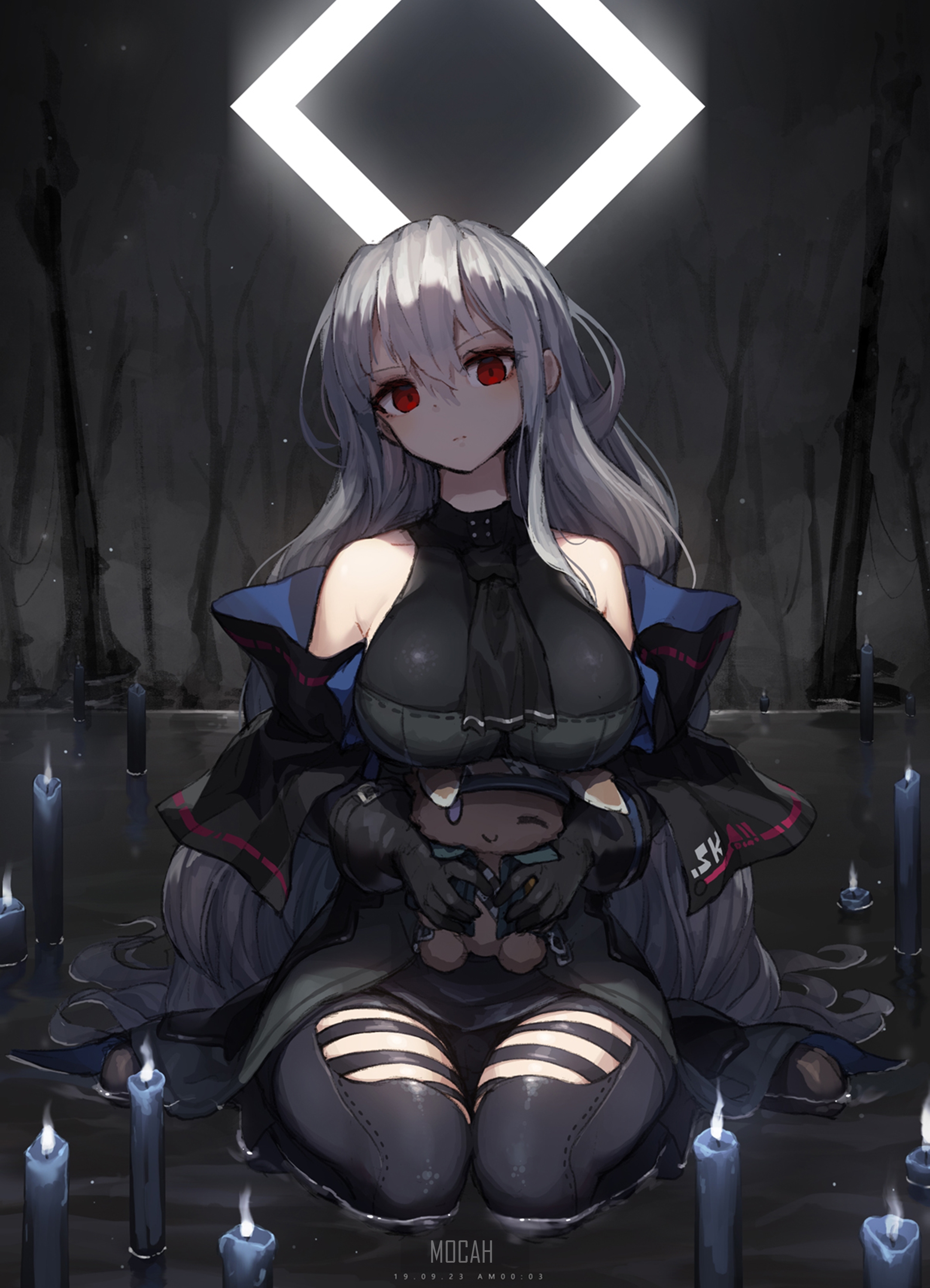 Anime girl with red eyes holding a teddy bear HD Phone Wallpaper