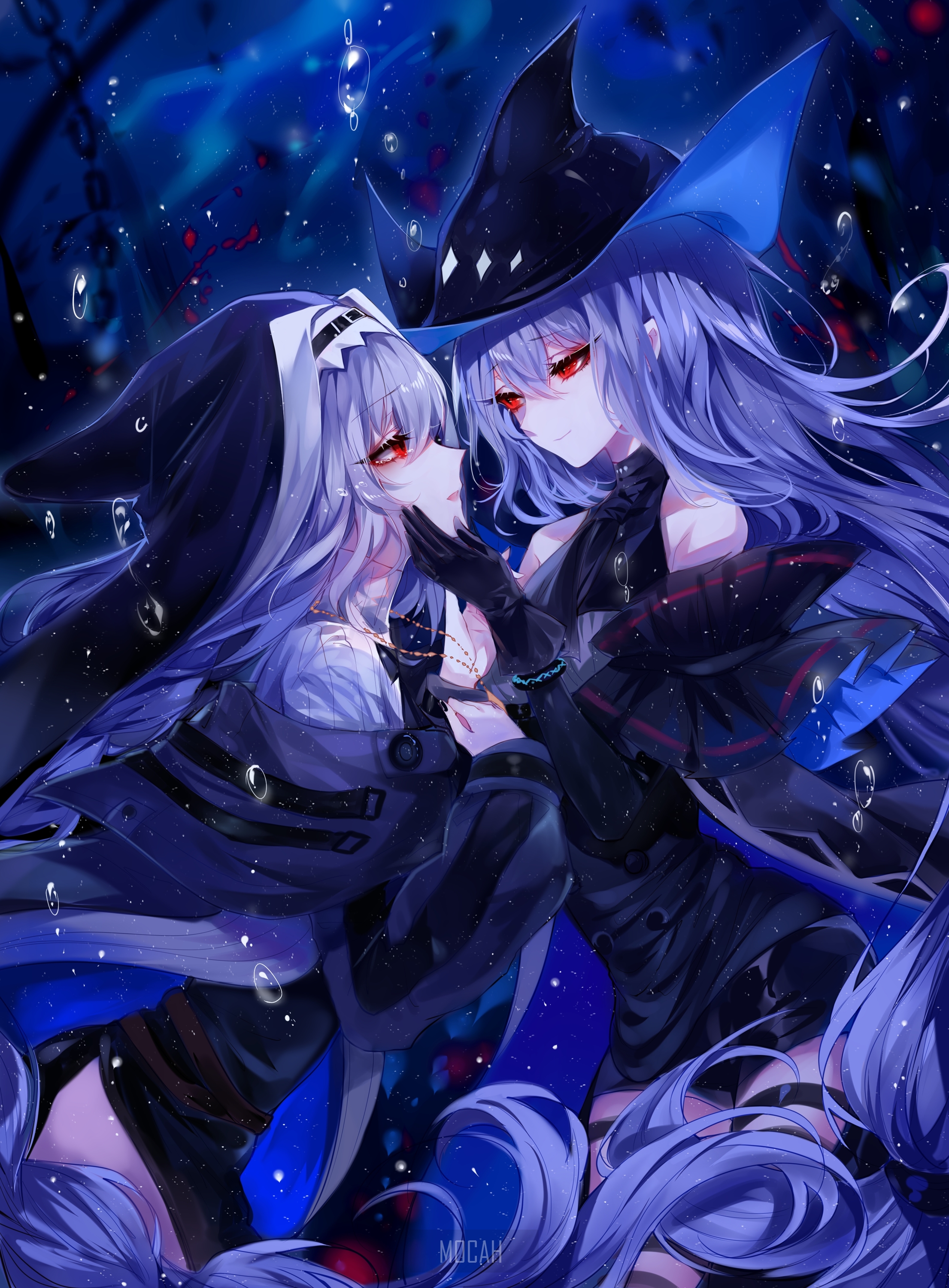 Two anime girls with purple hair and red eyes HD Phone Wallpaper