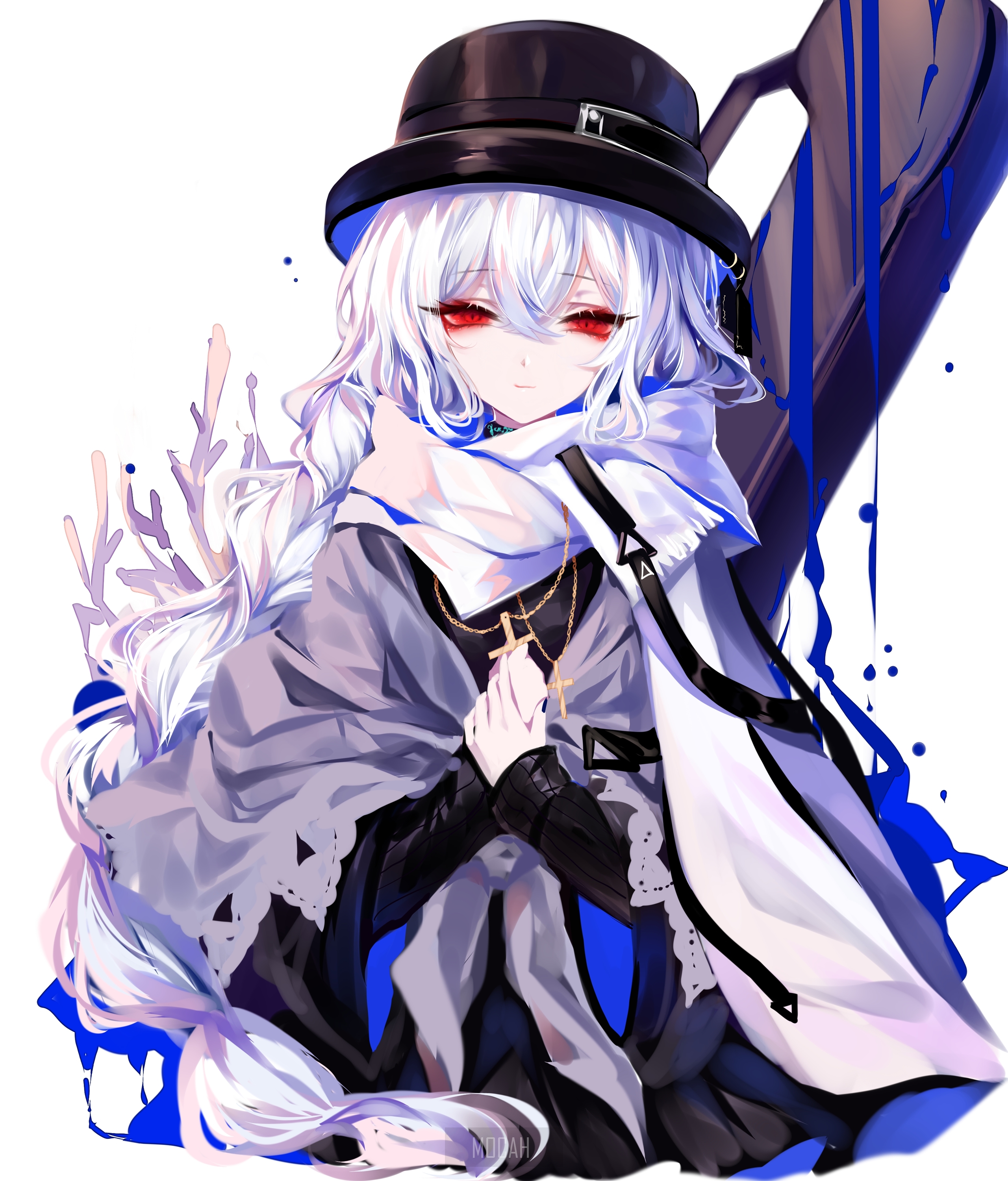 Anime girl with white hair and red eyes wearing a hat and scarf HD Phone Wallpaper