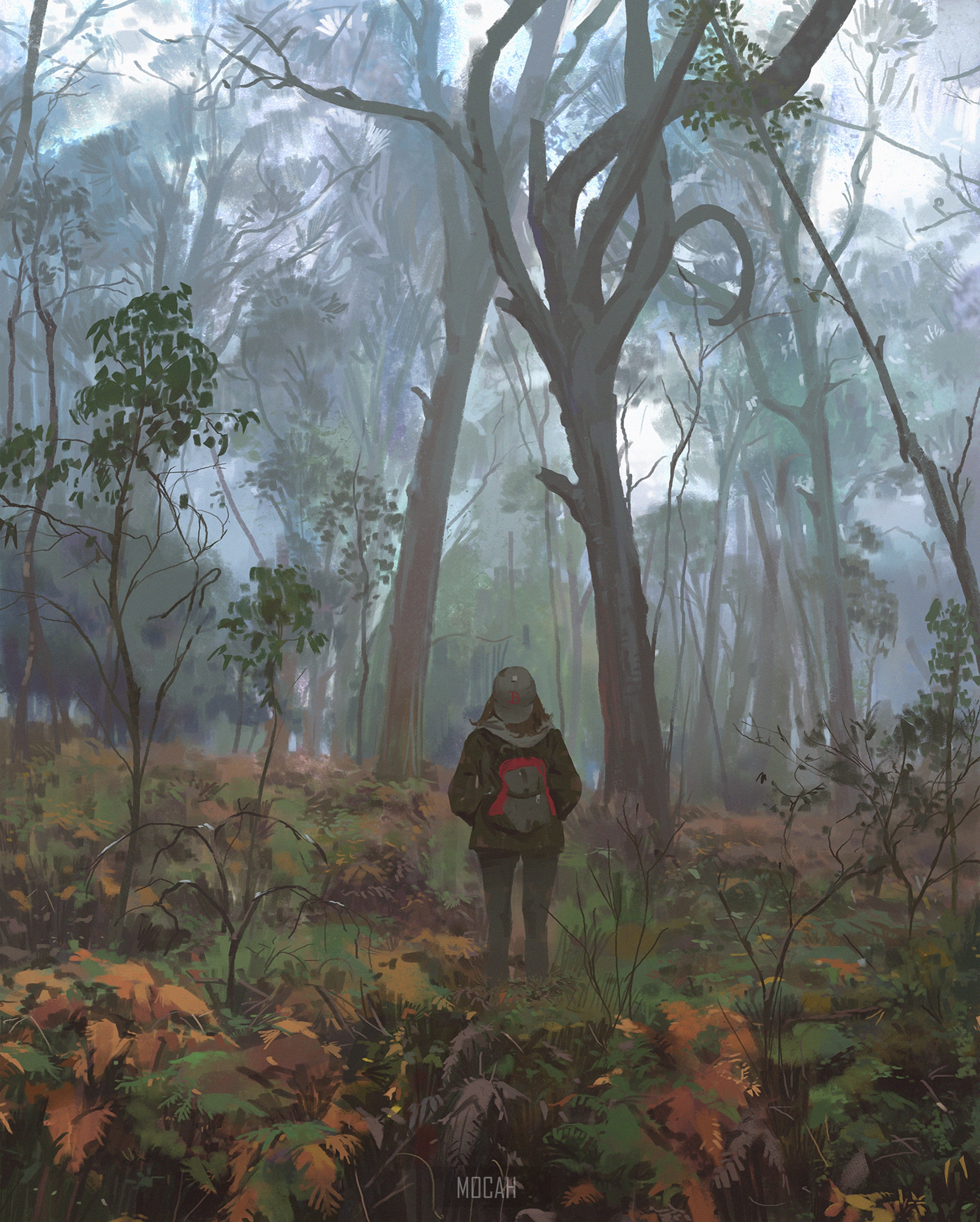 Anime girl with backpack in a foggy forest HD Phone Wallpaper