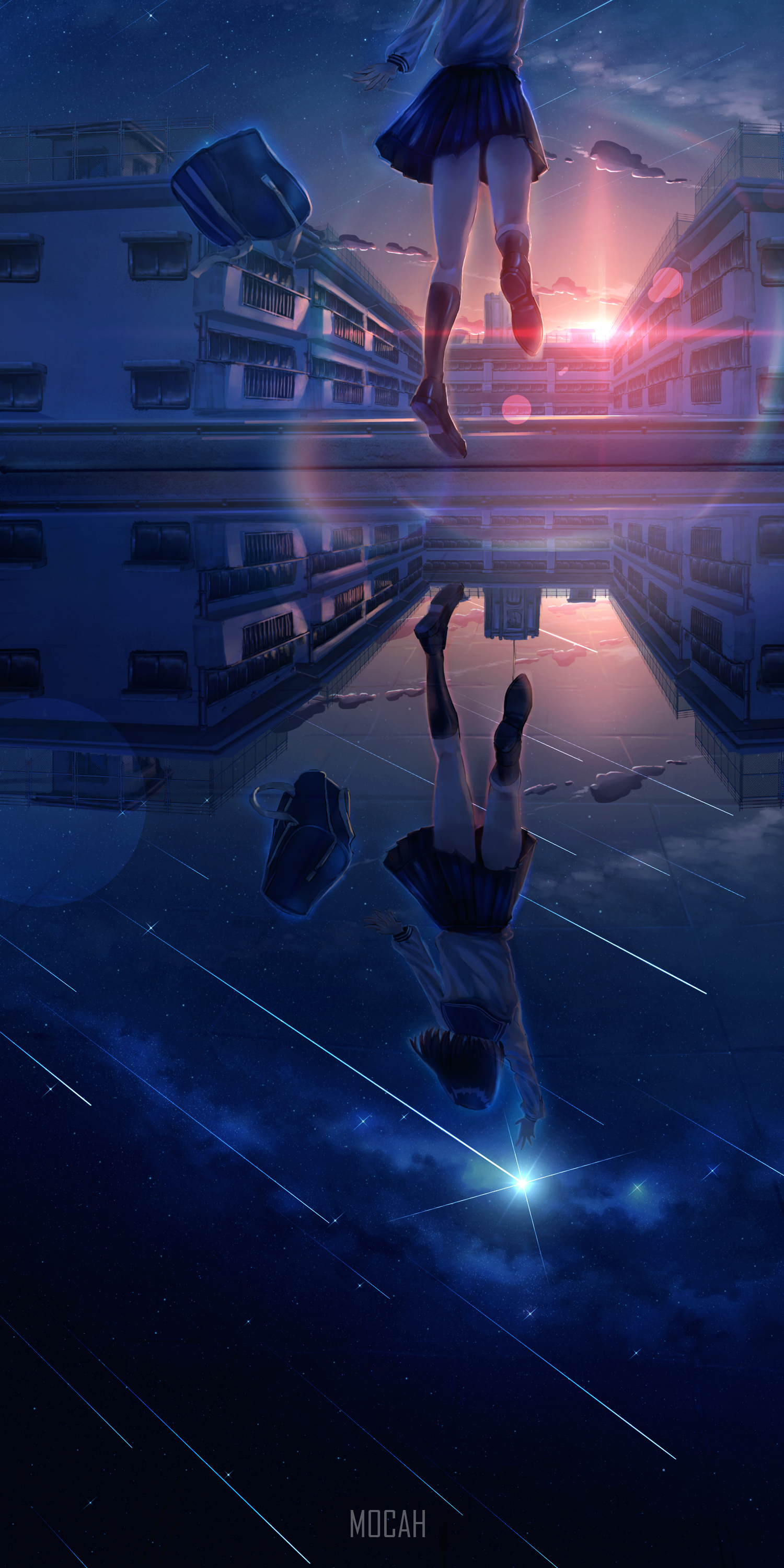 Anime girl jumping over a reflective surface HD Phone Wallpaper