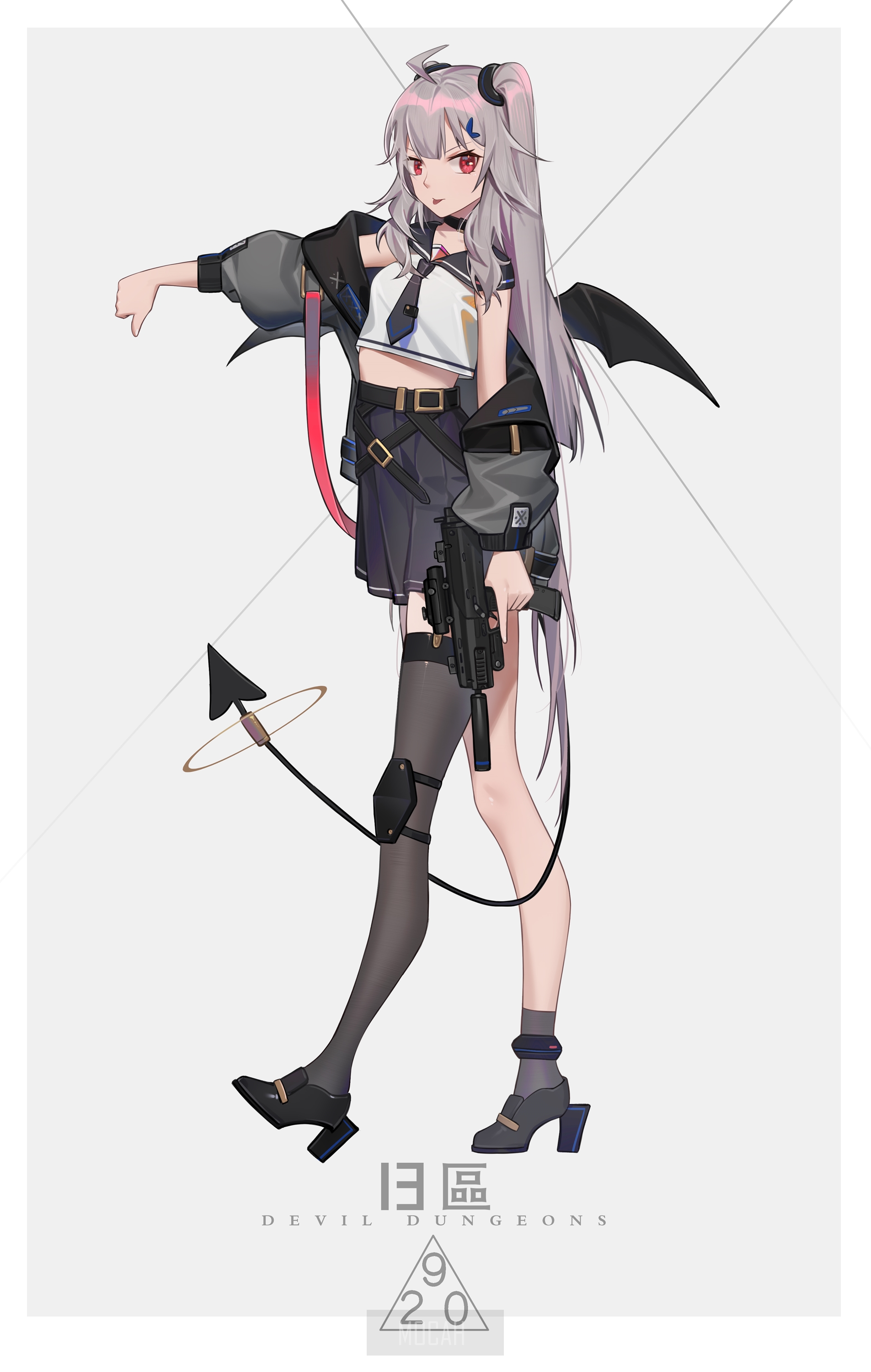 Anime girl with devil wings and gun HD Phone Wallpaper