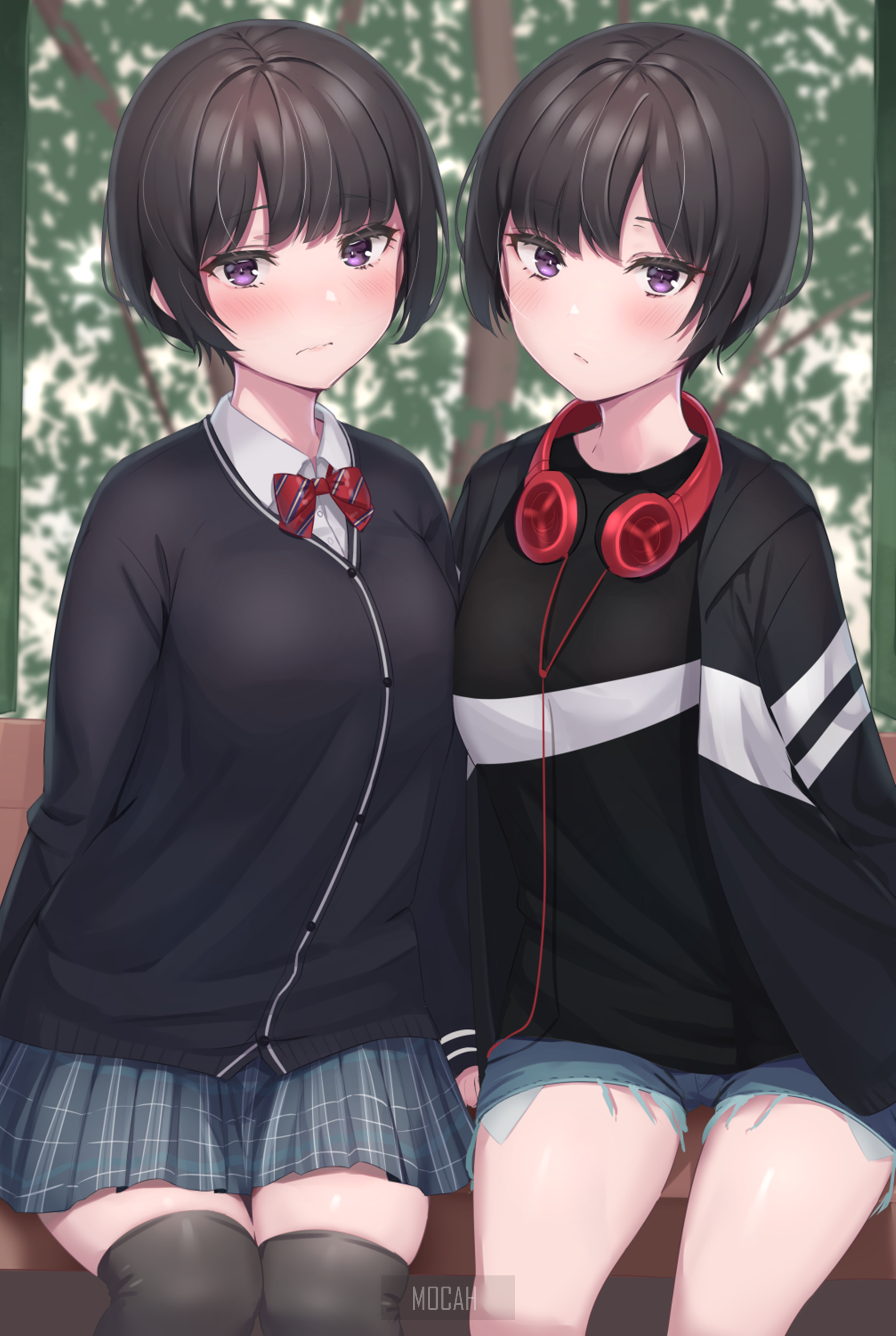 Two anime girls with short black hair sitting outdoors HD Phone Wallpaper