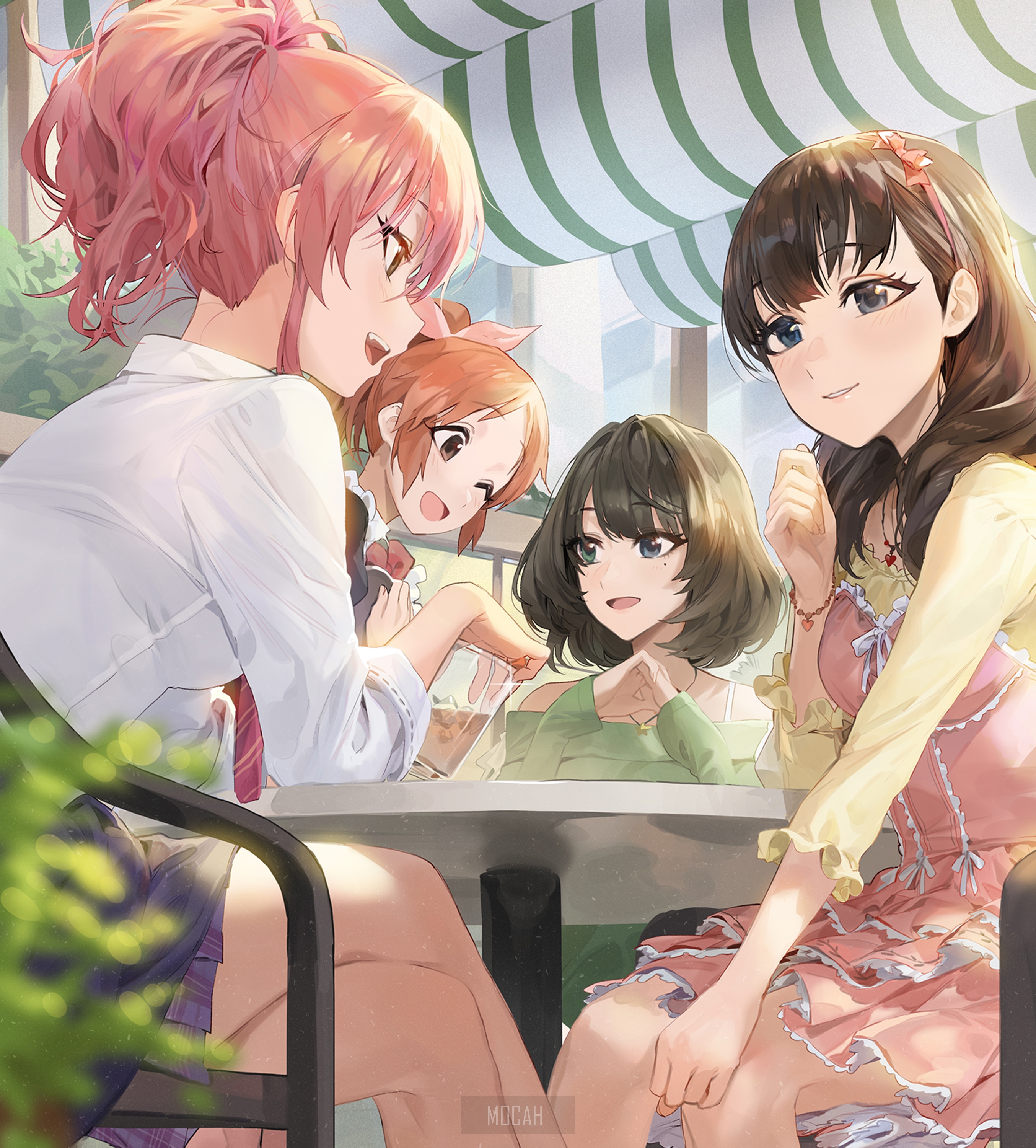 Four anime girls sitting at a table outdoors HD Phone Wallpaper