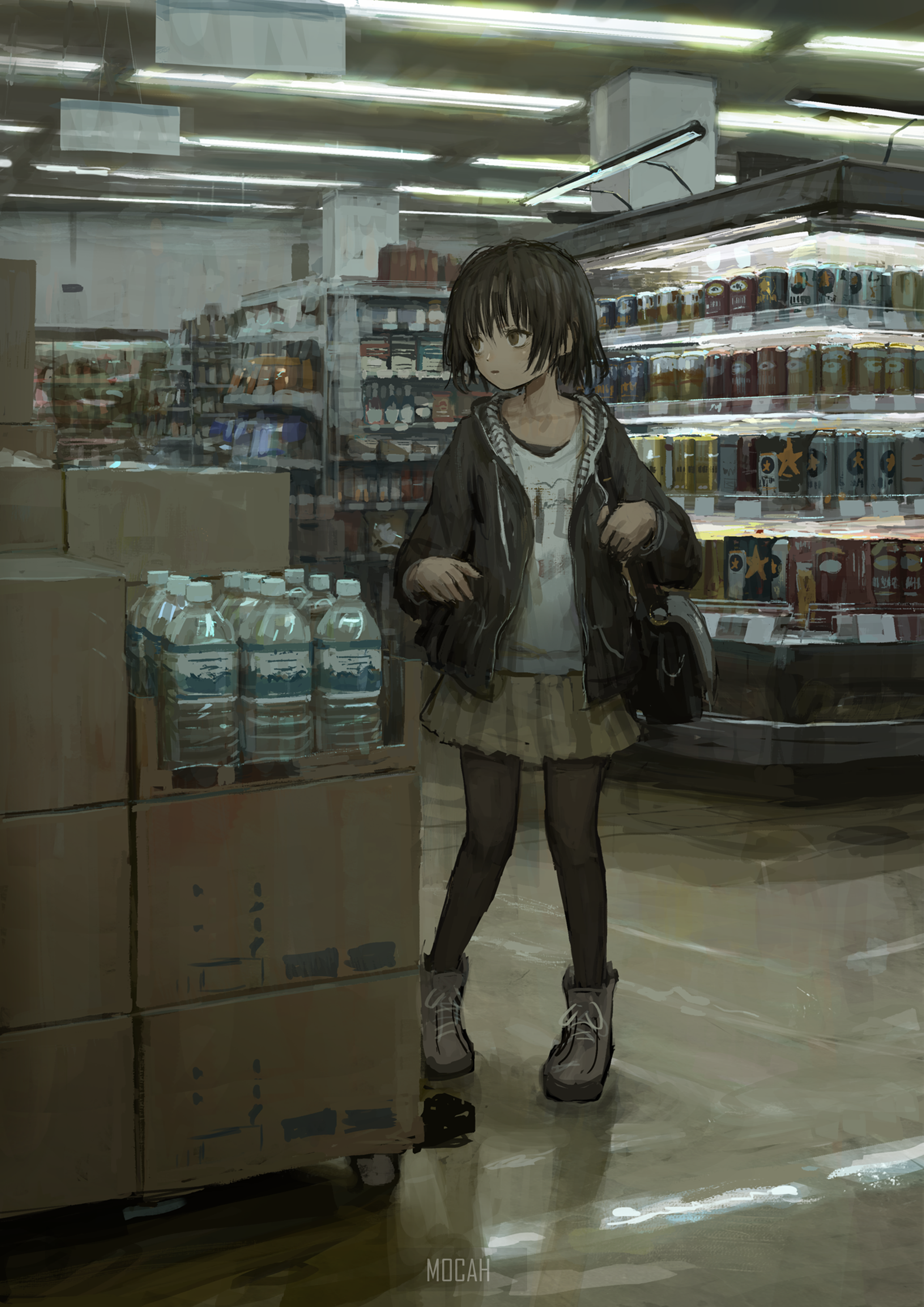 Anime Girl in Dimly Lit Supermarket HD Phone Wallpaper