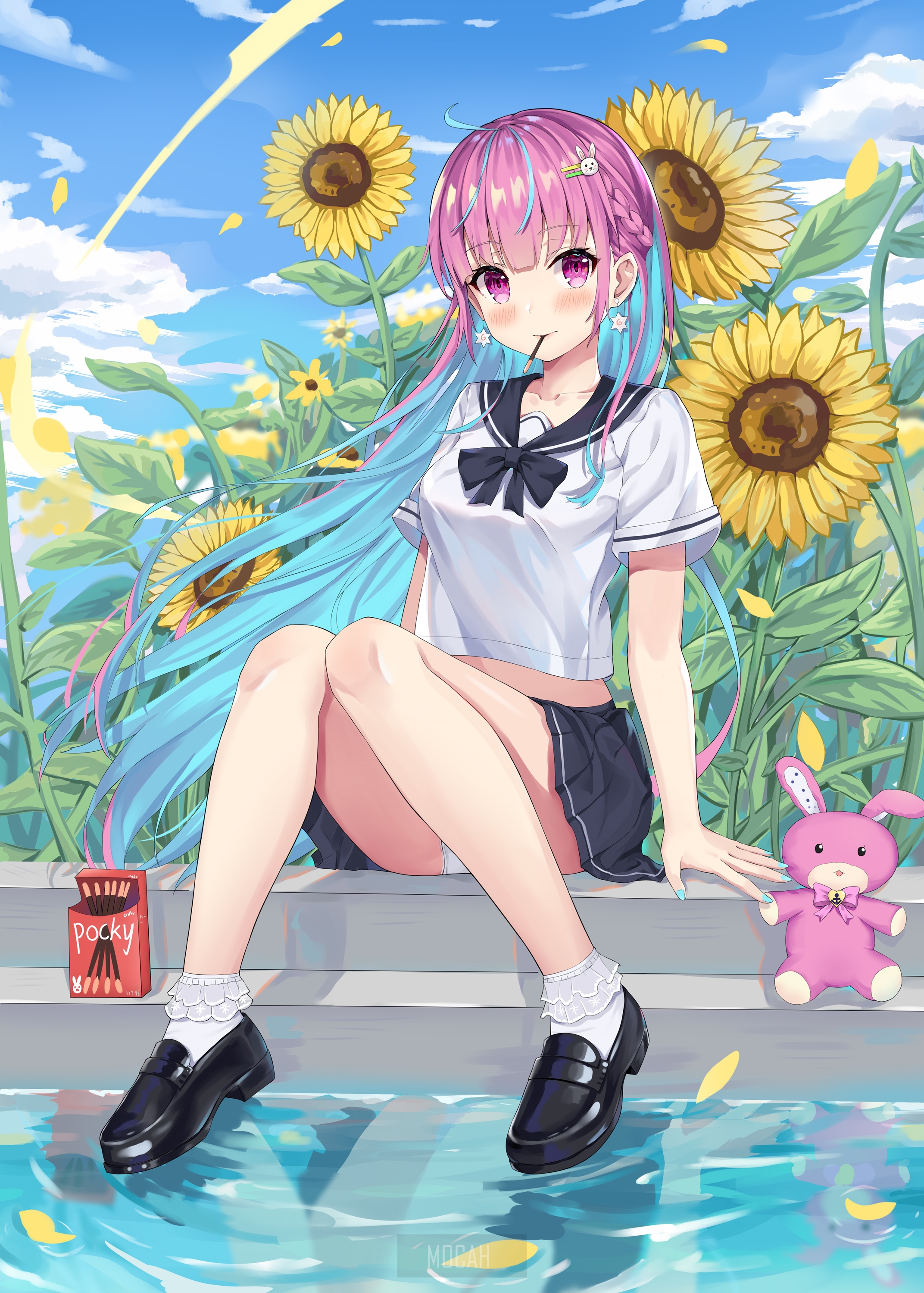 Anime girl with pink and blue hair in a school uniform HD Phone Wallpaper