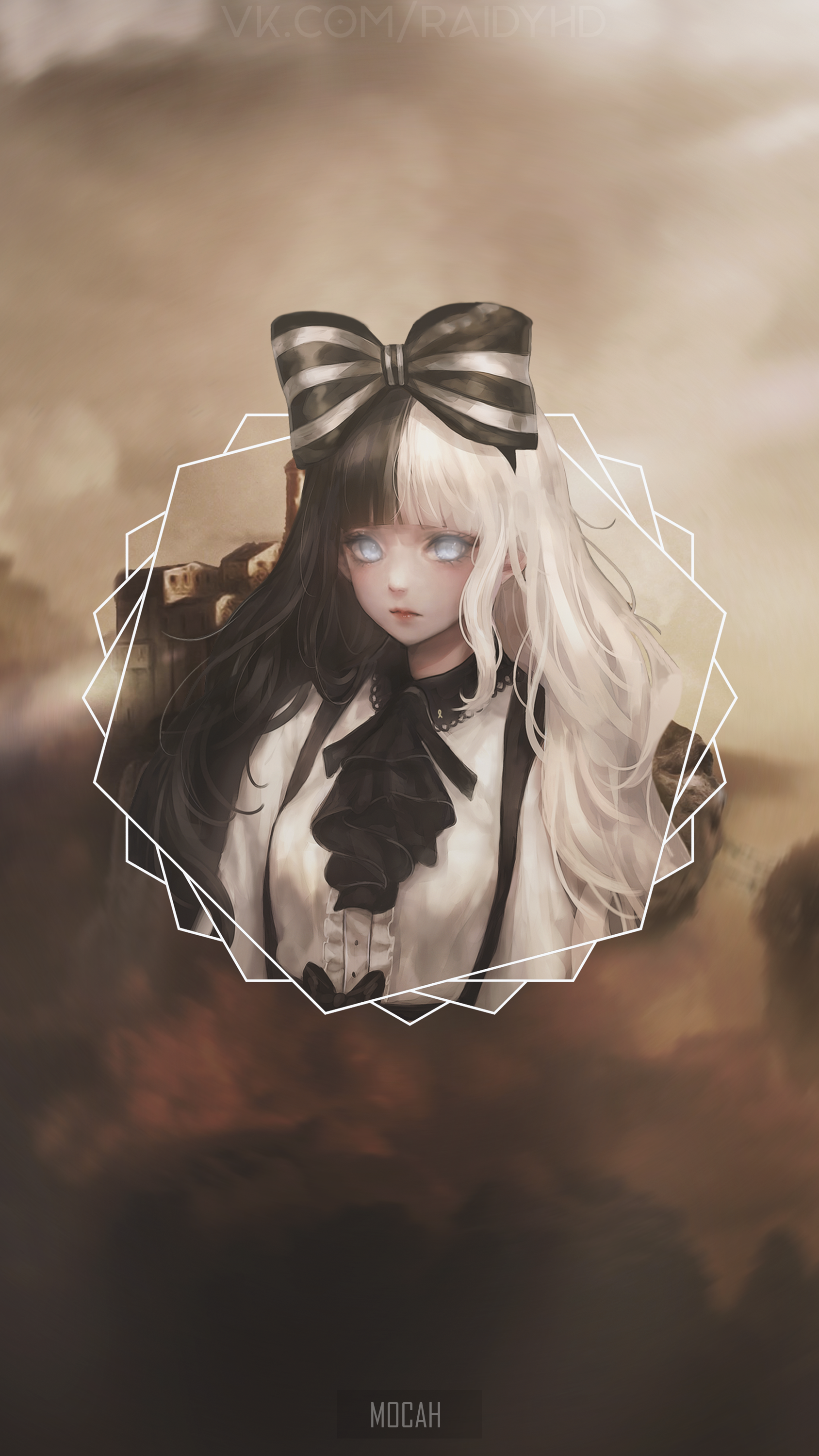 Anime girl with black and white hair and a bow HD Phone Wallpaper