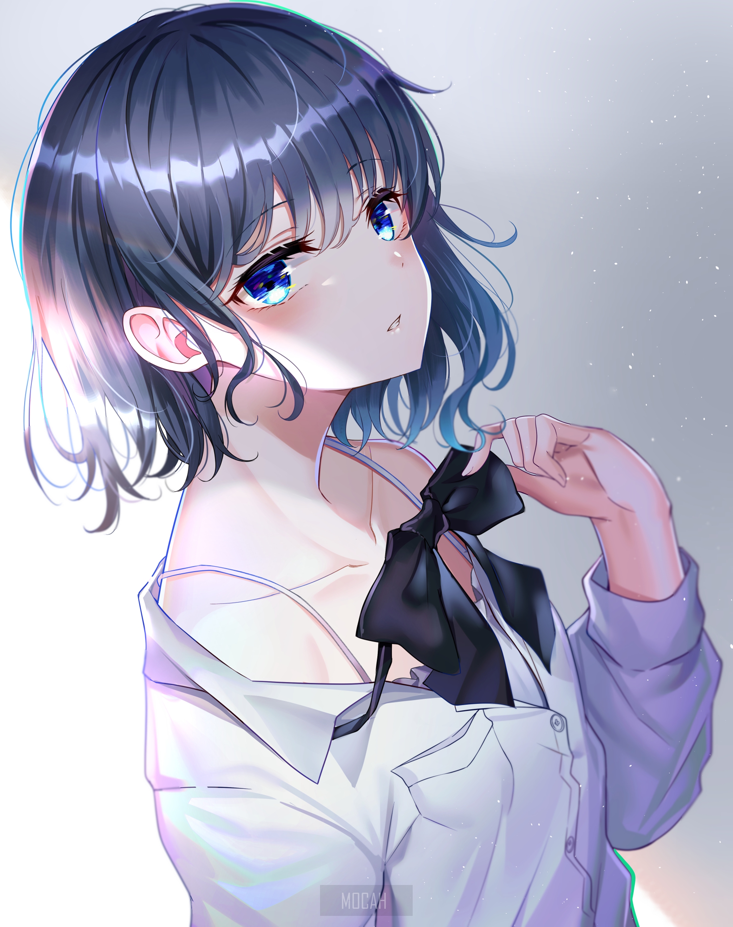 Anime girl with short dark hair and blue eyes HD Phone Wallpaper