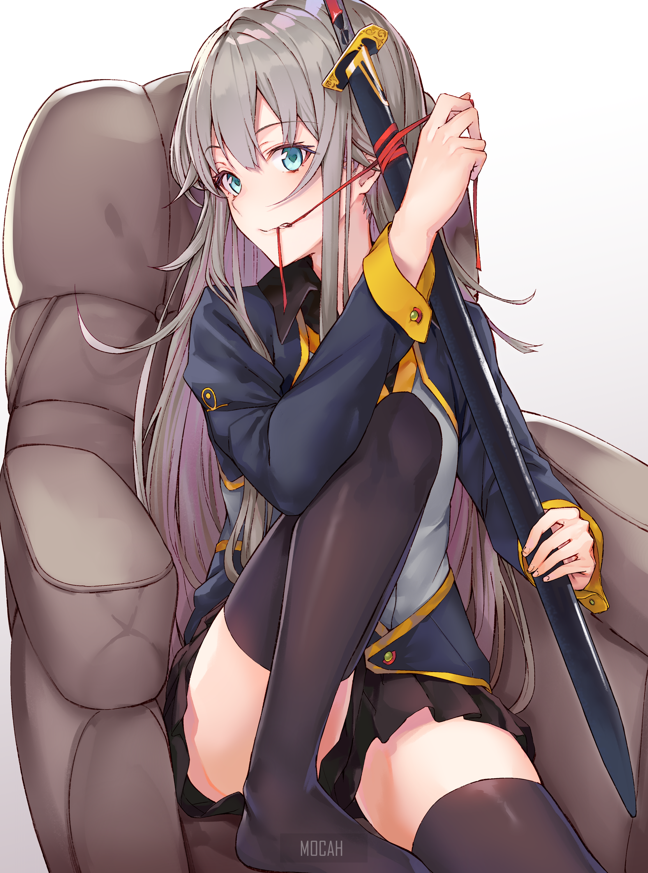Anime girl with sword sitting in chair HD Phone Wallpaper