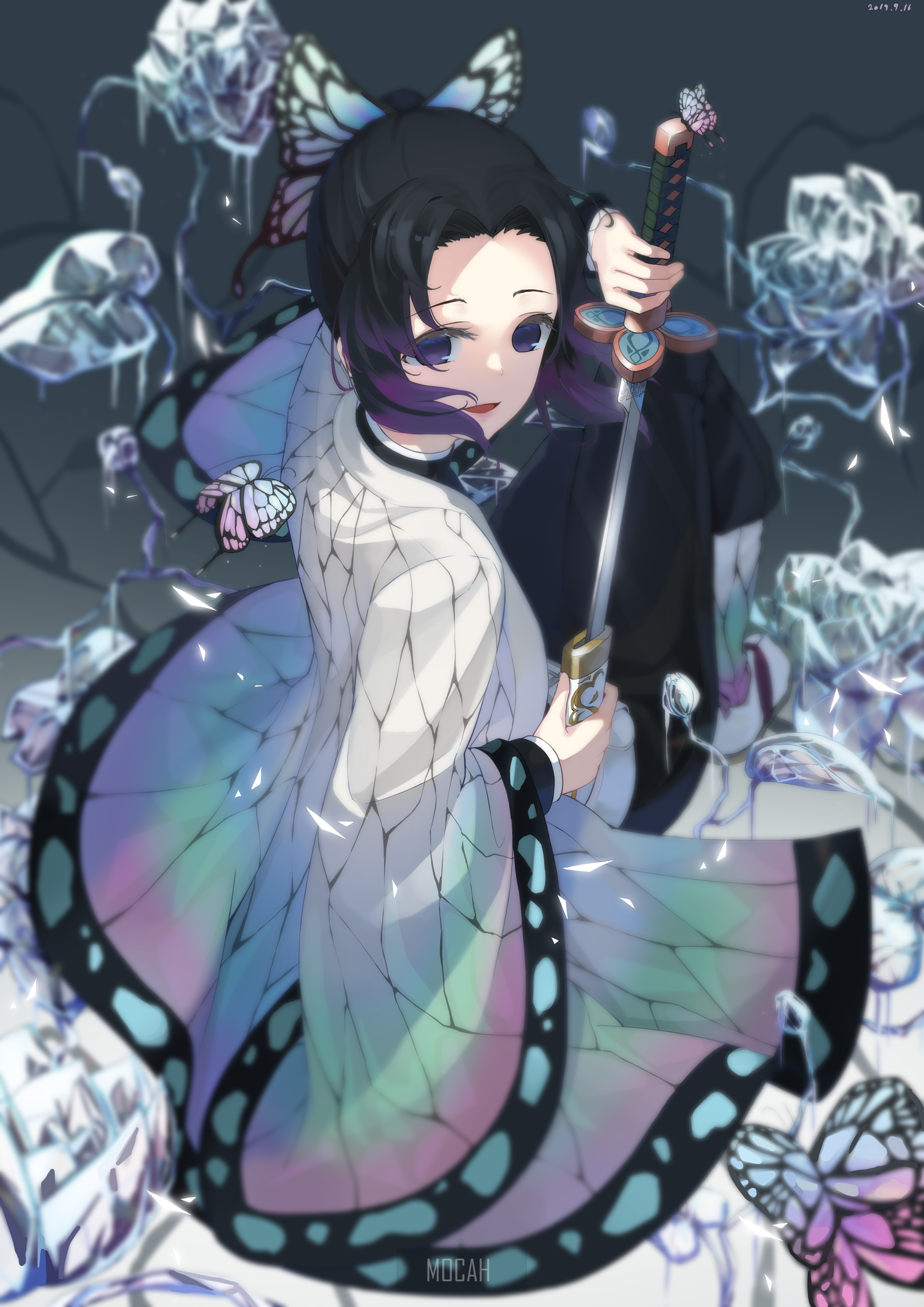 Kochou Shinobu from Kimetsu no Yaiba with katana HD Phone Wallpaper