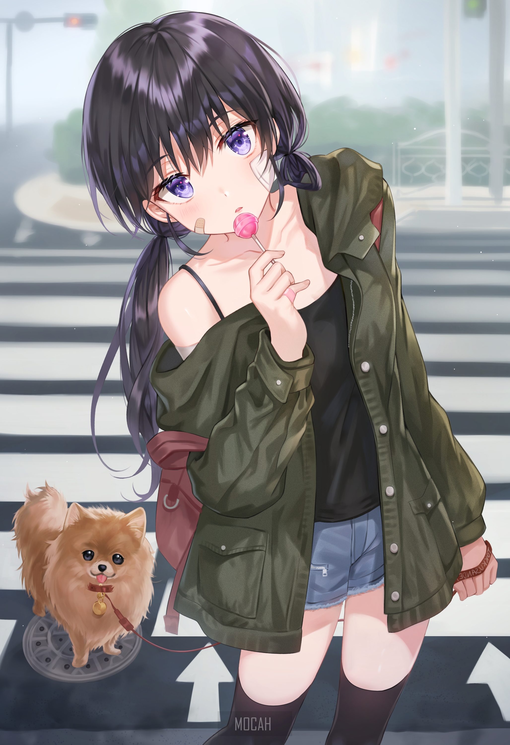Anime Girl with Lollipop and Dog on Crosswalk HD Phone Wallpaper