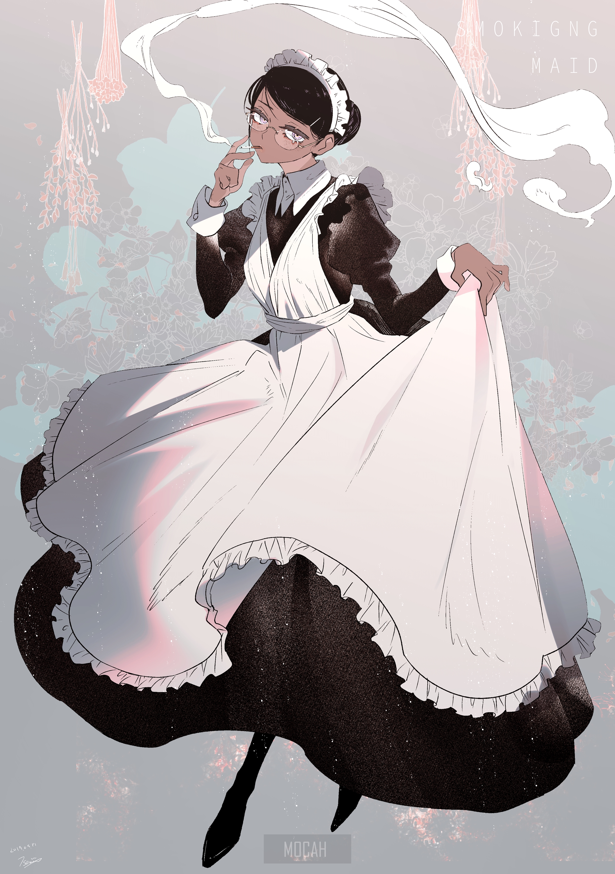 Anime maid smoking with flowers in background HD Phone Wallpaper