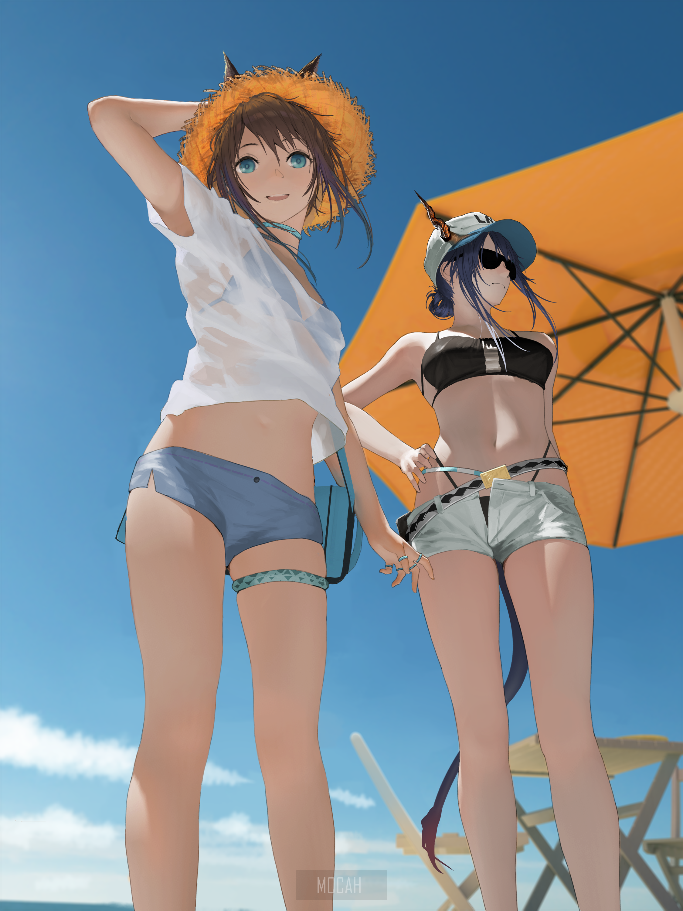Anime girls in swimsuits at the beach HD Phone Wallpaper