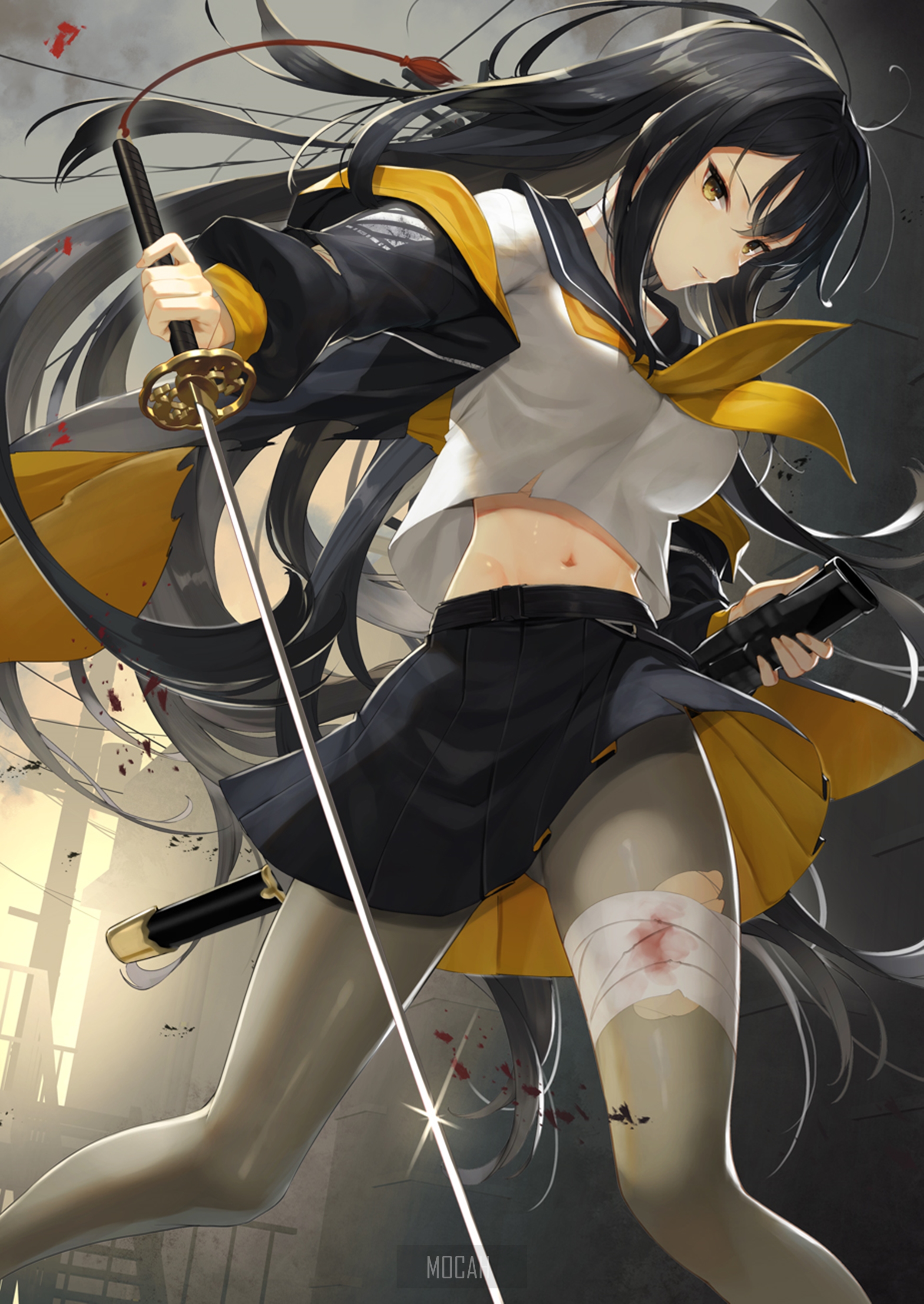 Anime girl with katana and gun HD Phone Wallpaper